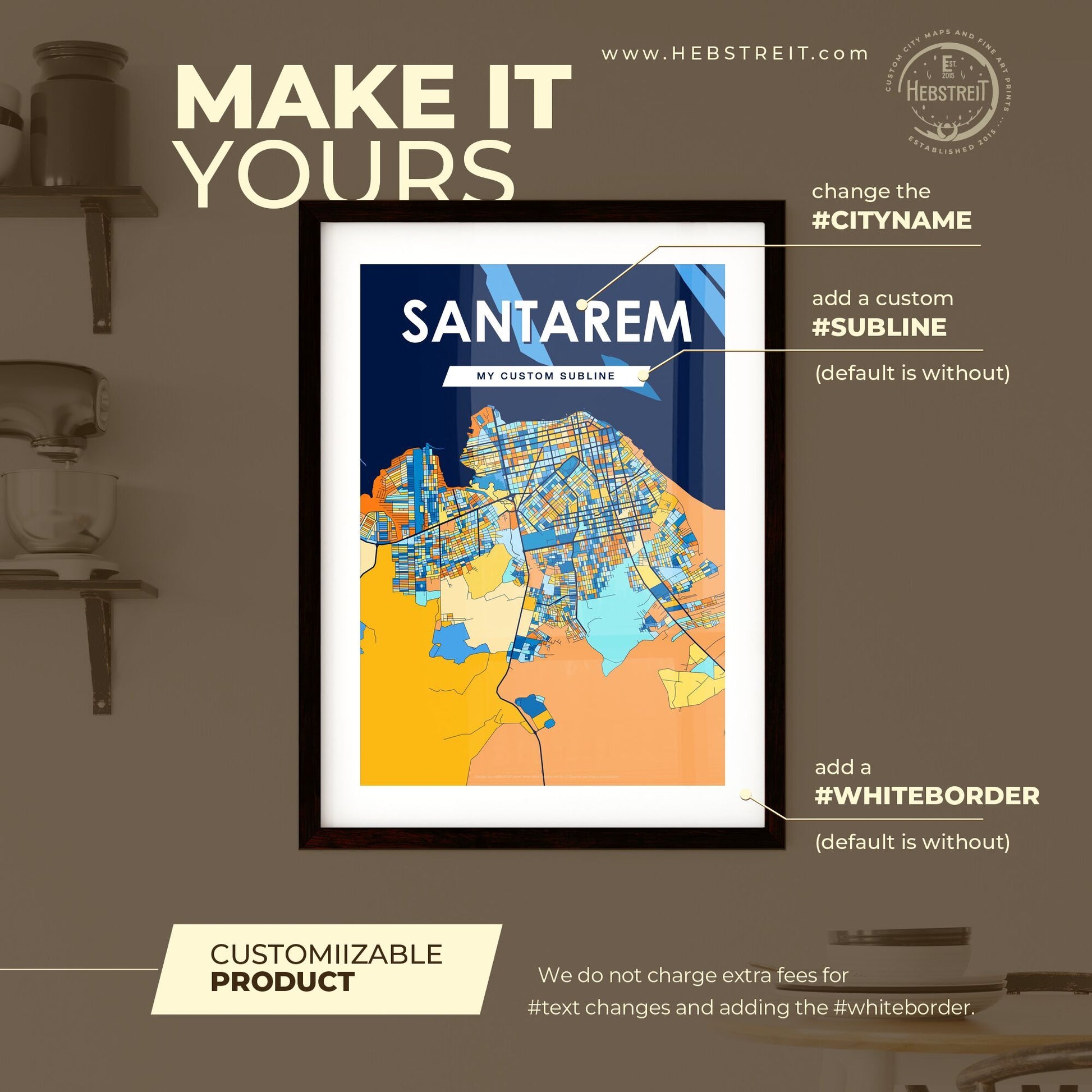 SANTAREM BRAZIL Vibrant Colorful Art Map Poster Blue Orange