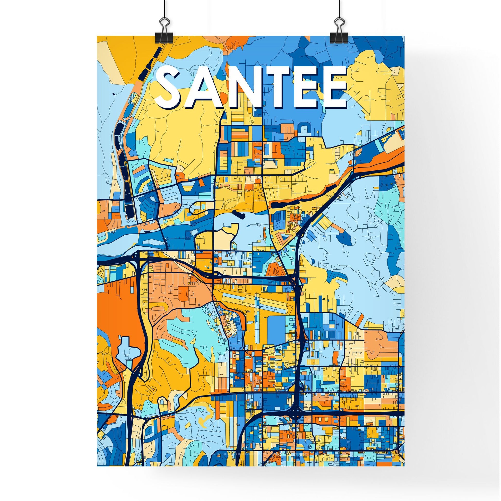 SANTEE CALIFORNIA Vibrant Colorful Art Map Poster Blue Orange