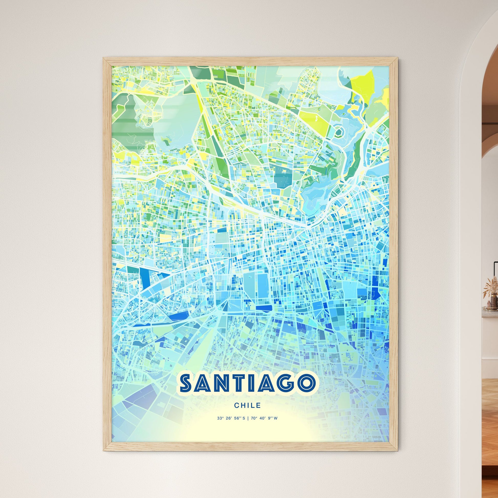 Colorful Santiago Chile Fine Art Map Cool Blue