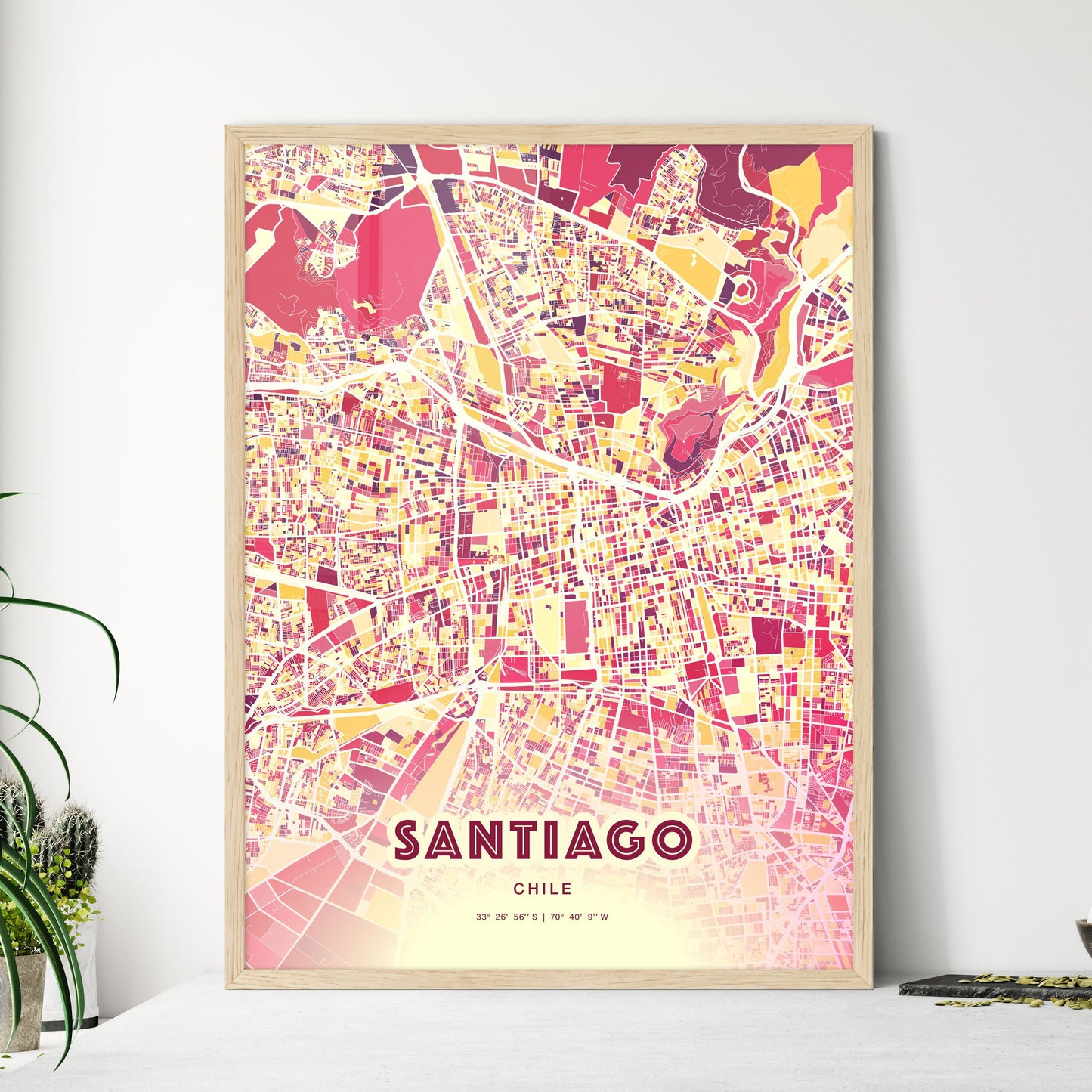 Colorful Santiago Chile Fine Art Map Hot Red