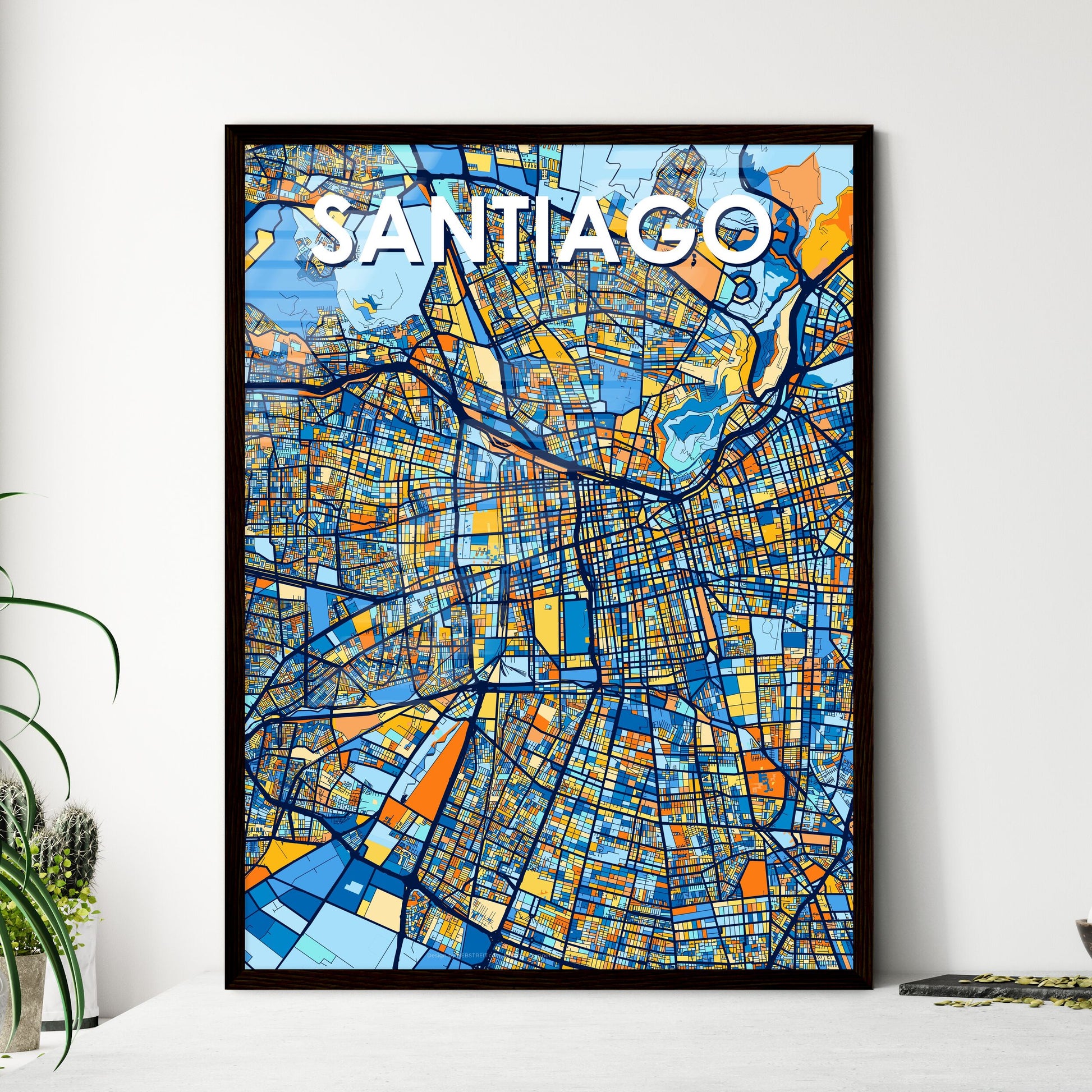 SANTIAGO CHILE Vibrant Colorful Art Map Poster Blue Orange