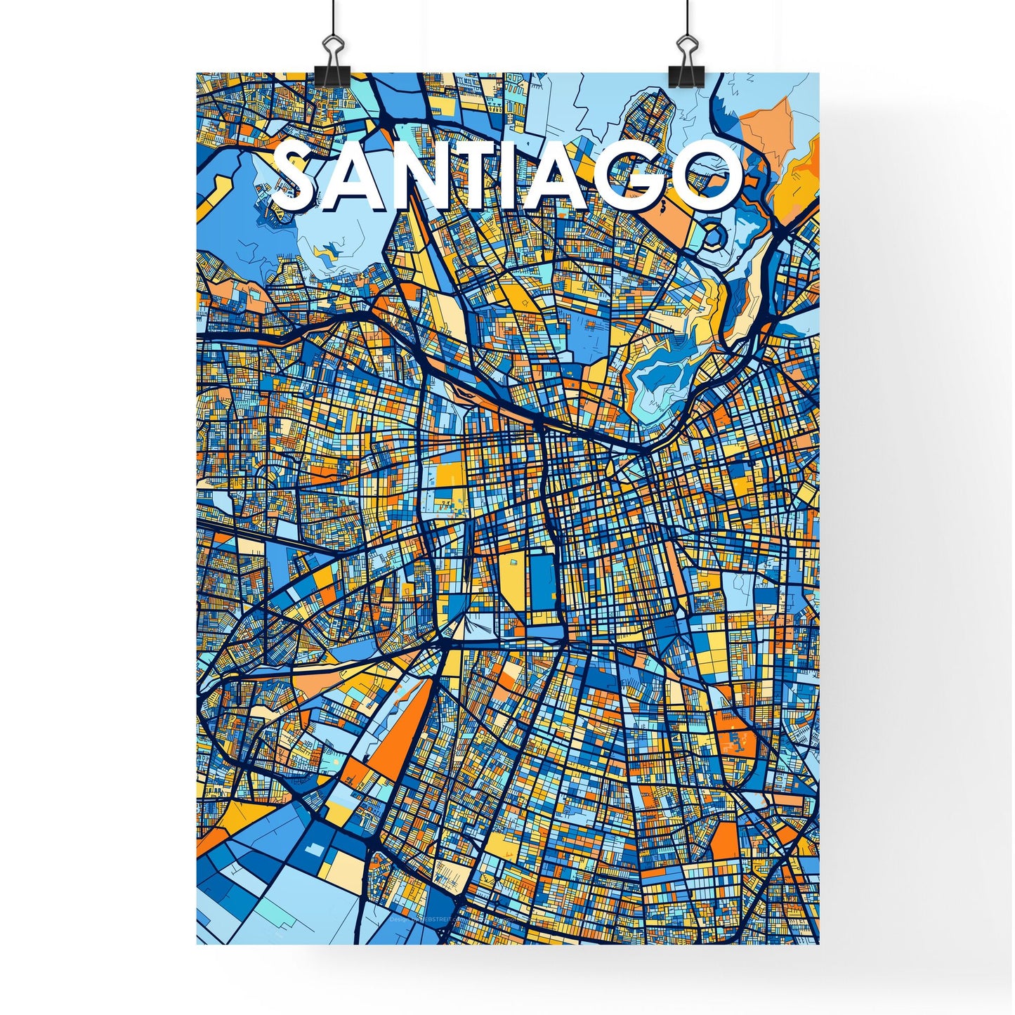 SANTIAGO CHILE Vibrant Colorful Art Map Poster Blue Orange