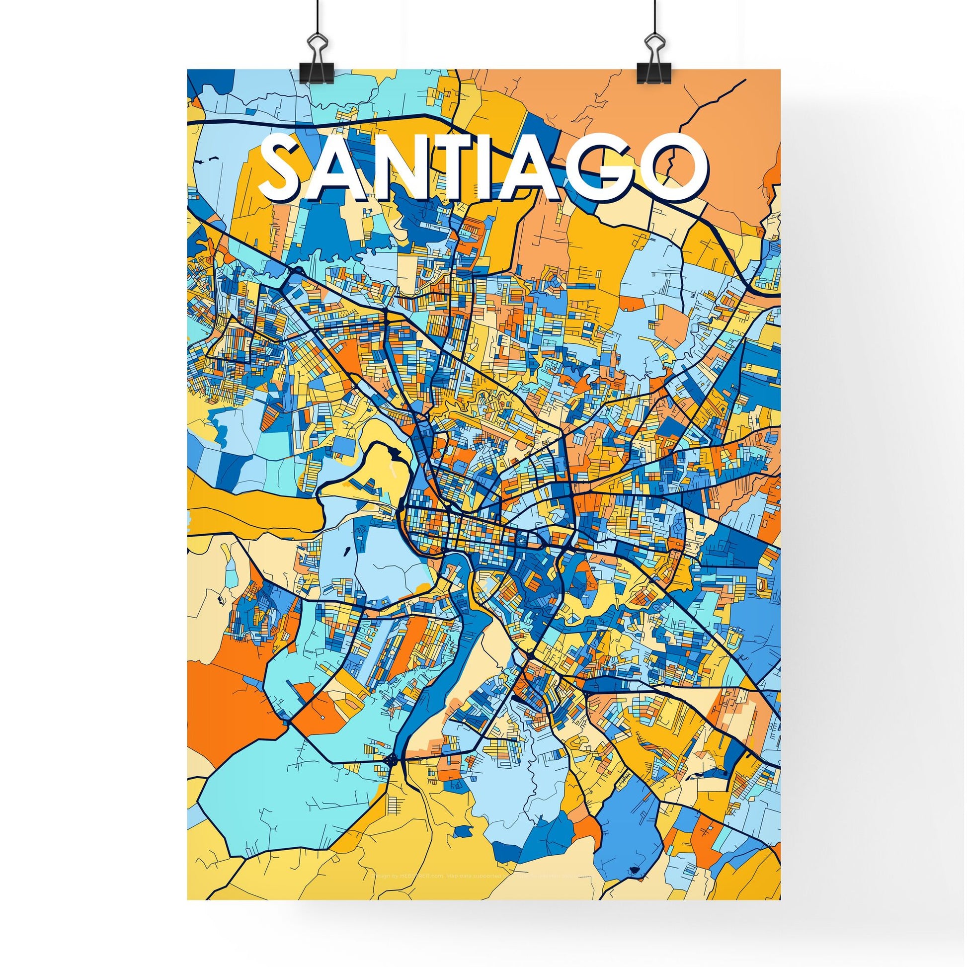 SANTIAGO DOMINICAN REPUBLIC Vibrant Colorful Art Map Poster Blue Orange