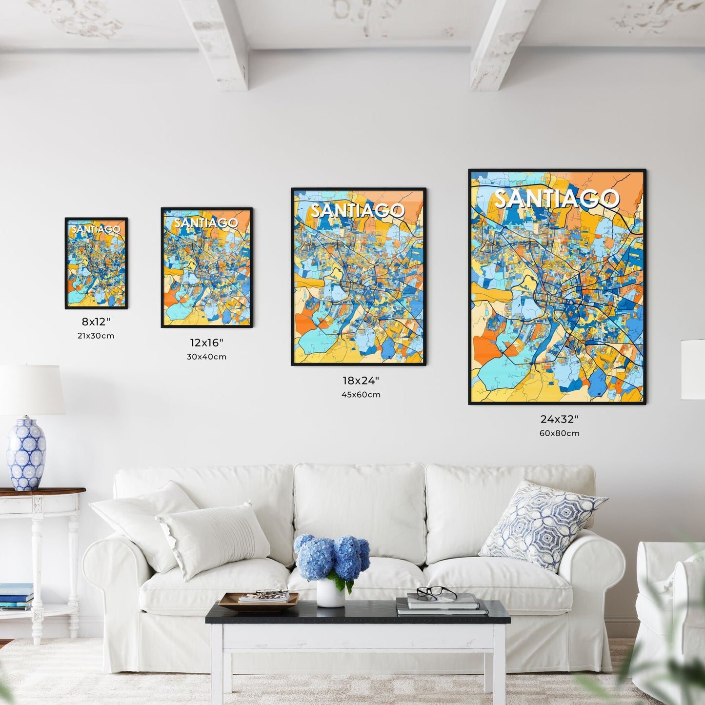 SANTIAGO DOMINICAN REPUBLIC Vibrant Colorful Art Map Poster Blue Orange