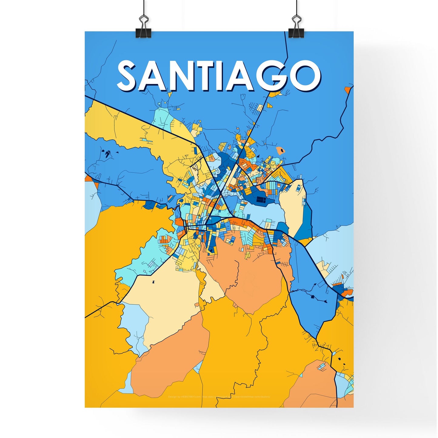 SANTIAGO PANAMA Vibrant Colorful Art Map Poster Blue Orange