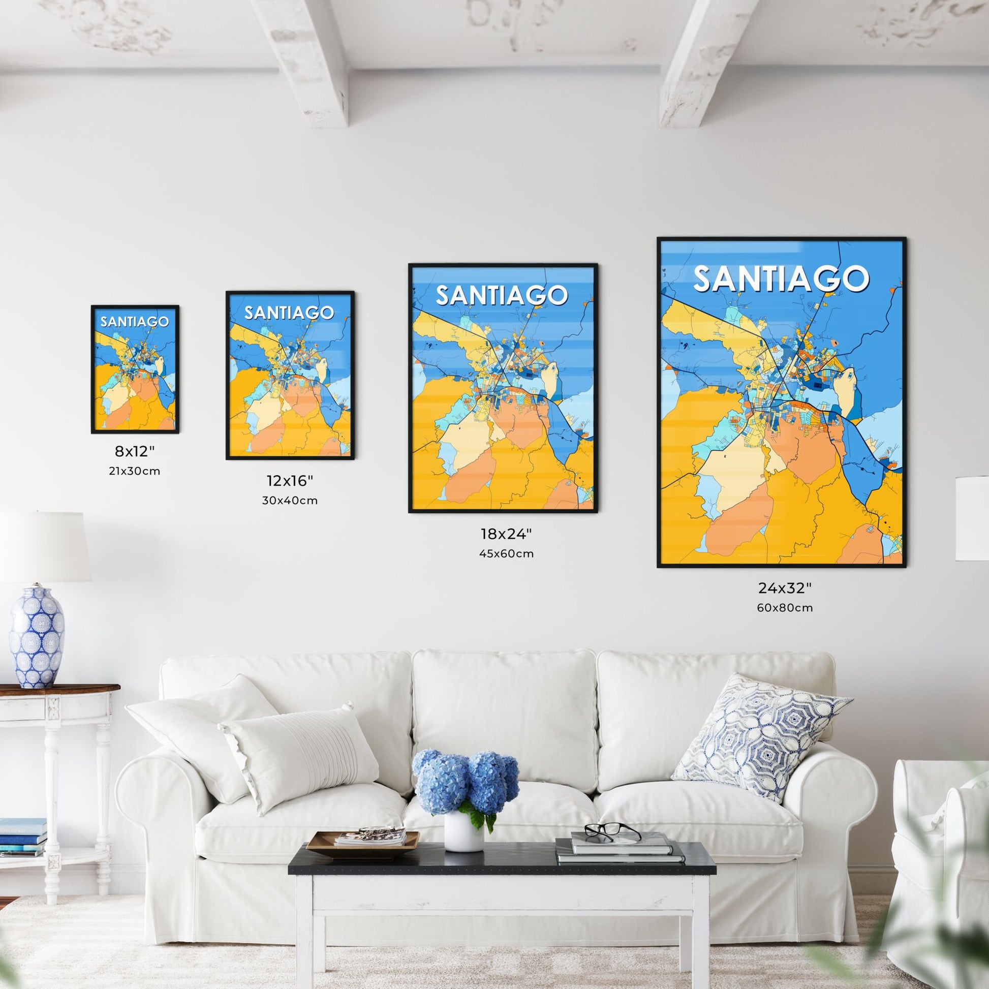 SANTIAGO PANAMA Vibrant Colorful Art Map Poster Blue Orange