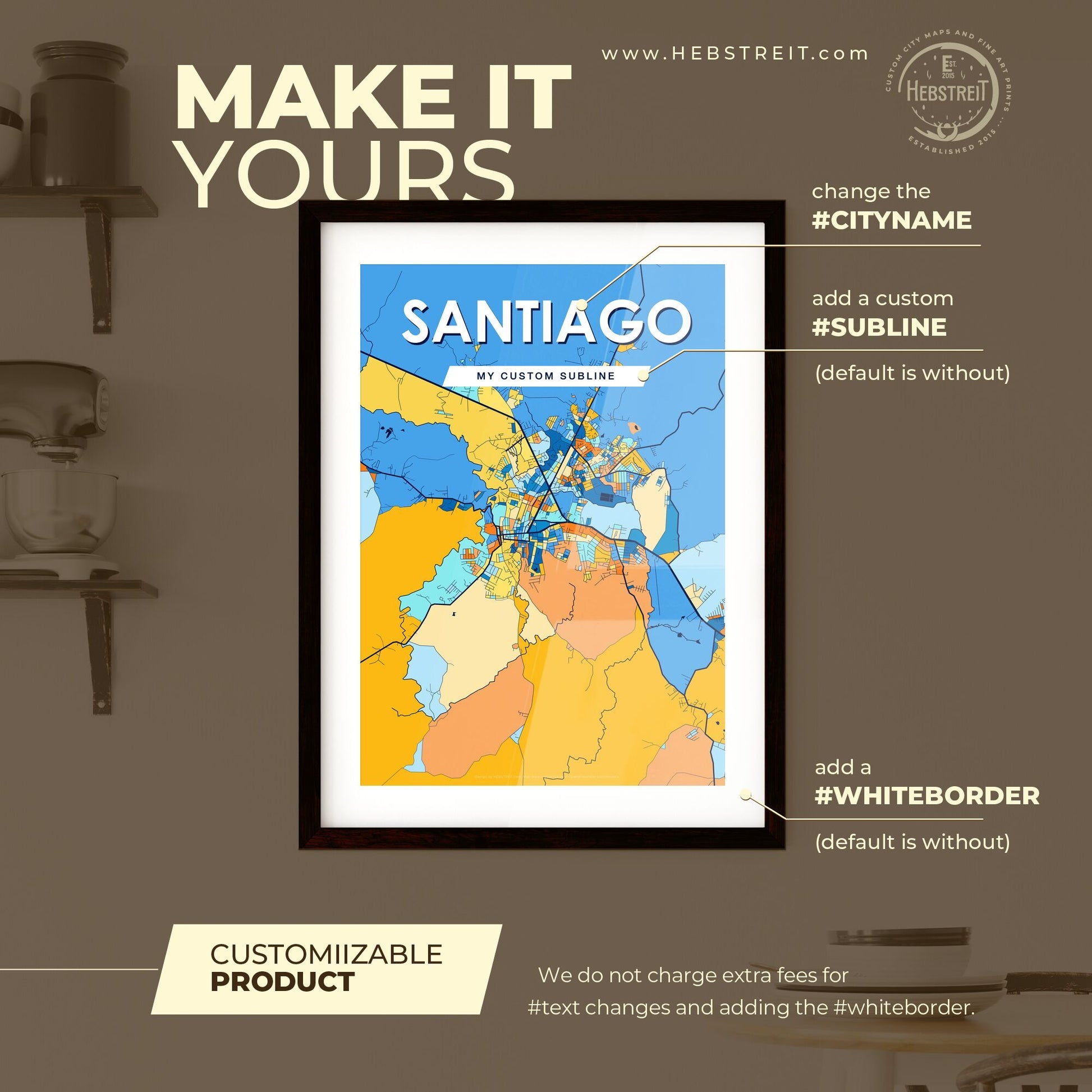 SANTIAGO PANAMA Vibrant Colorful Art Map Poster Blue Orange