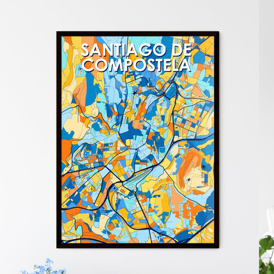 SANTIAGO DE COMPOSTELA SPAIN Vibrant Colorful Art Map Poster Blue Orange