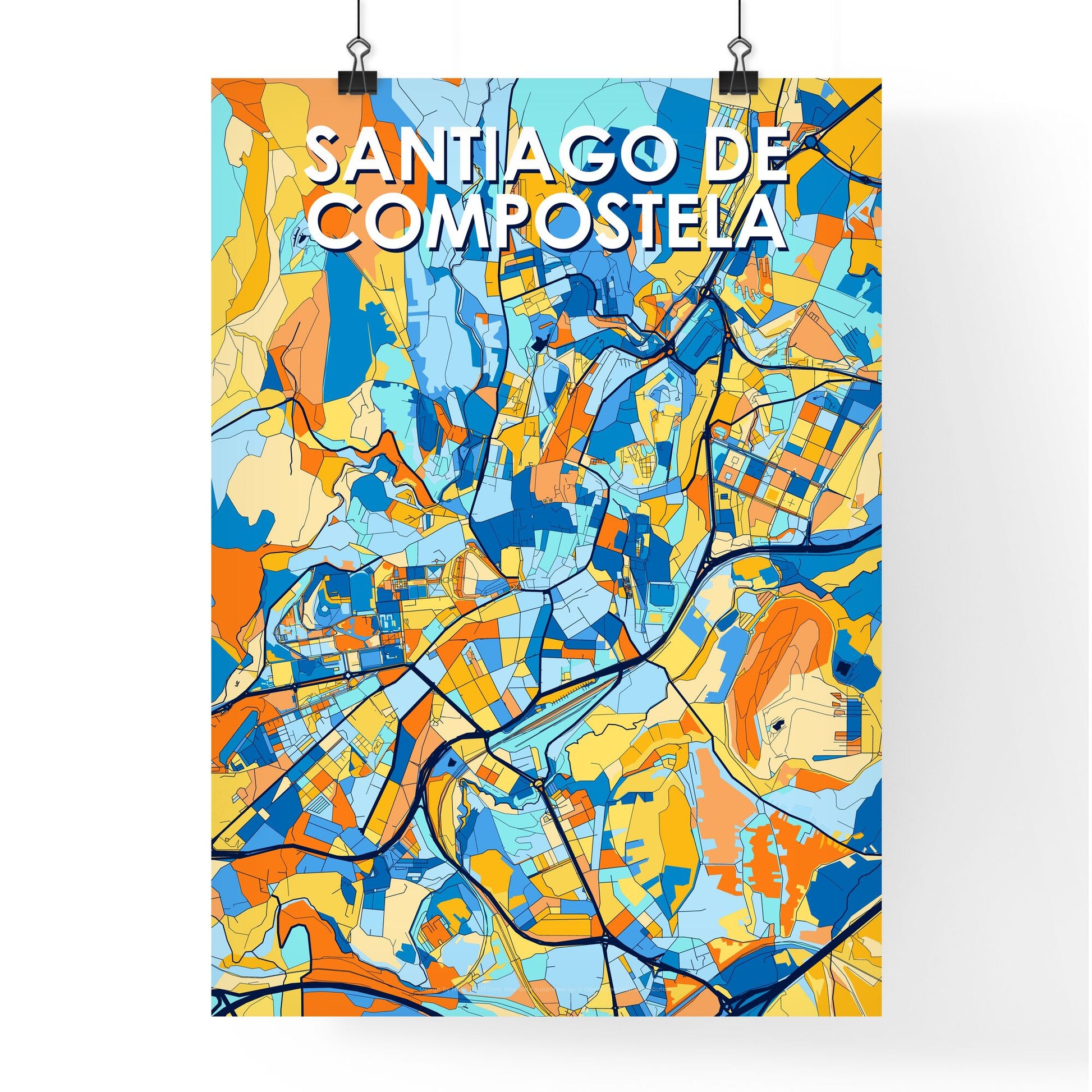 SANTIAGO DE COMPOSTELA SPAIN Vibrant Colorful Art Map Poster Blue Orange