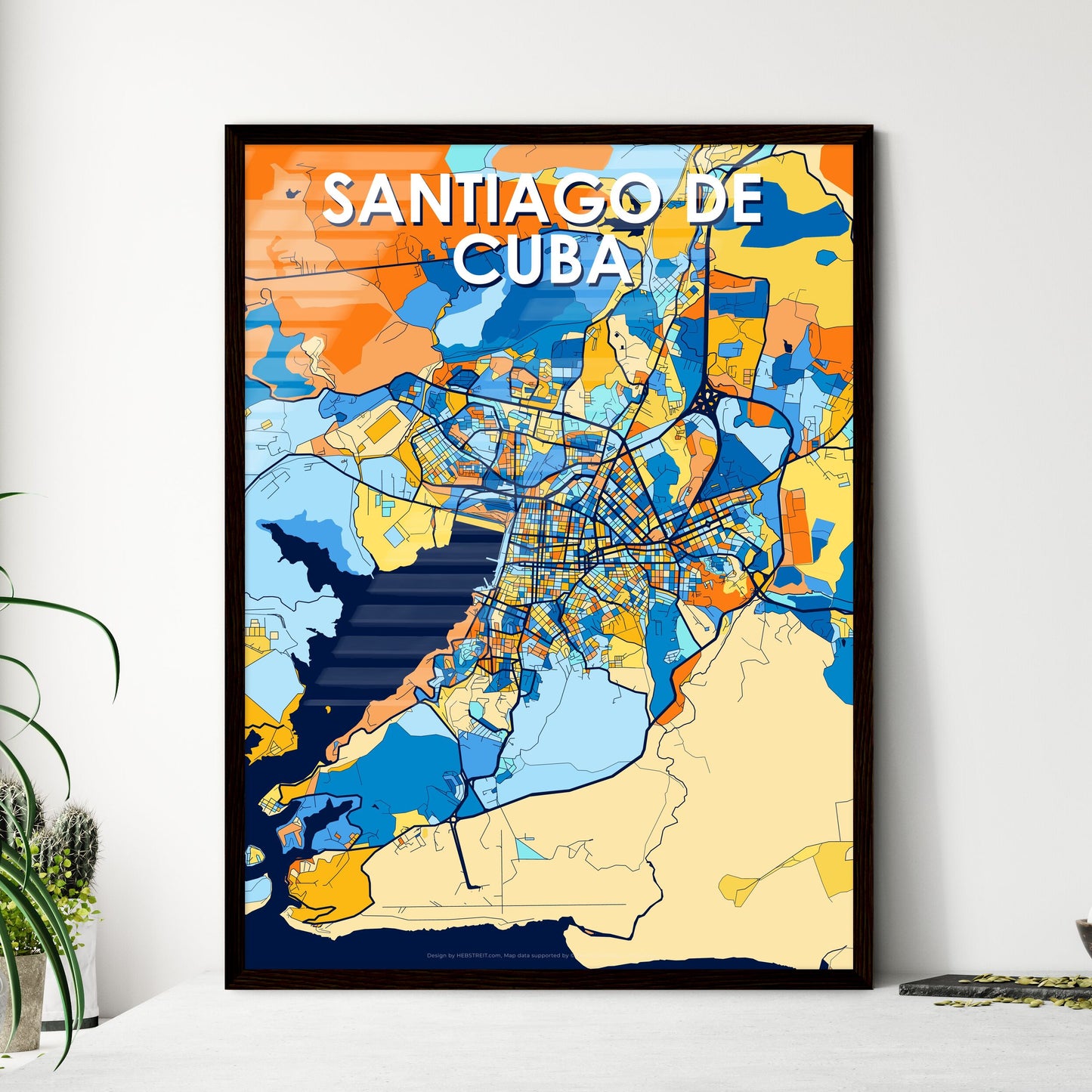 SANTIAGO DE CUBA CUBA Vibrant Colorful Art Map Poster Blue Orange