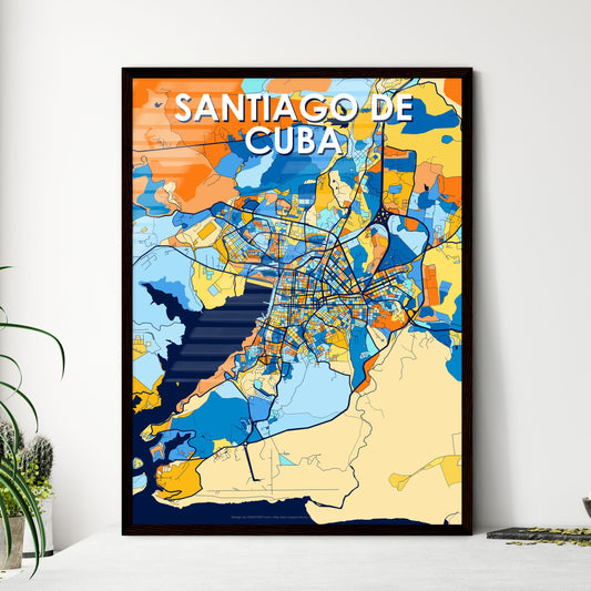 SANTIAGO DE CUBA CUBA Vibrant Colorful Art Map Poster Blue Orange