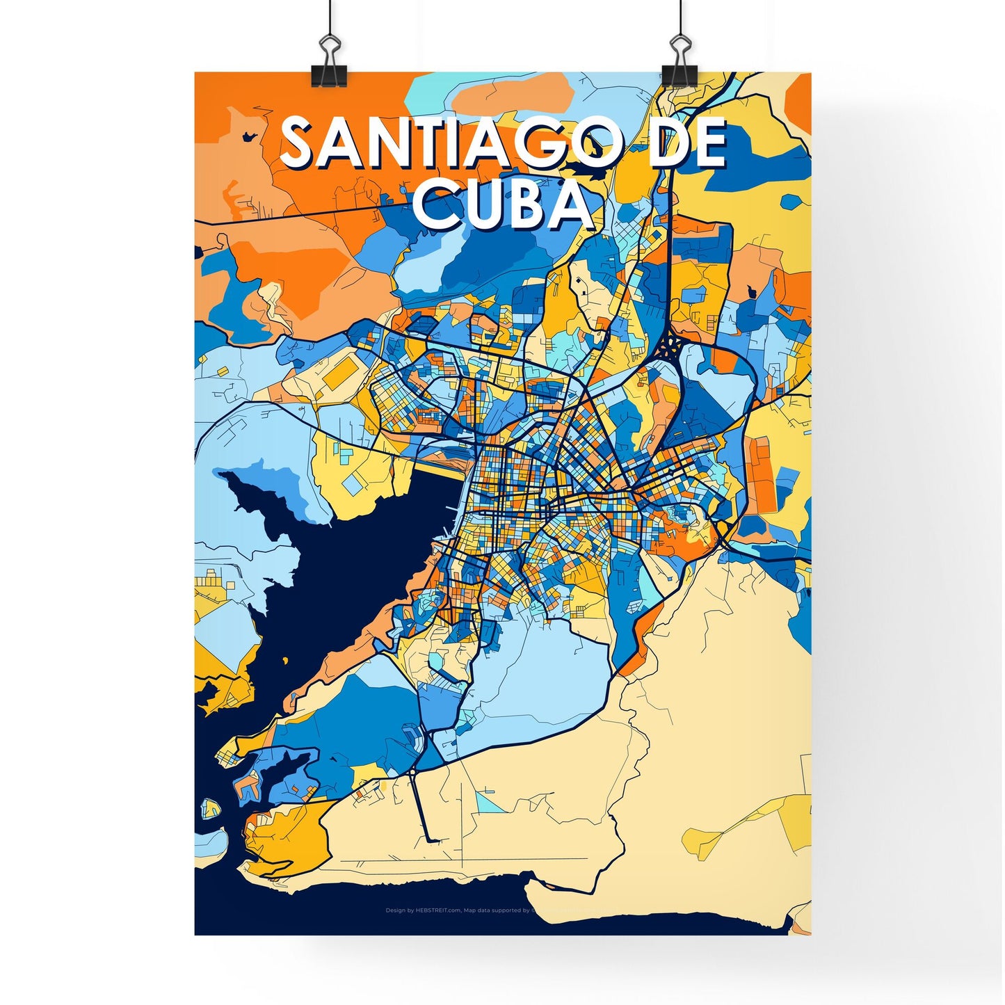 SANTIAGO DE CUBA CUBA Vibrant Colorful Art Map Poster Blue Orange