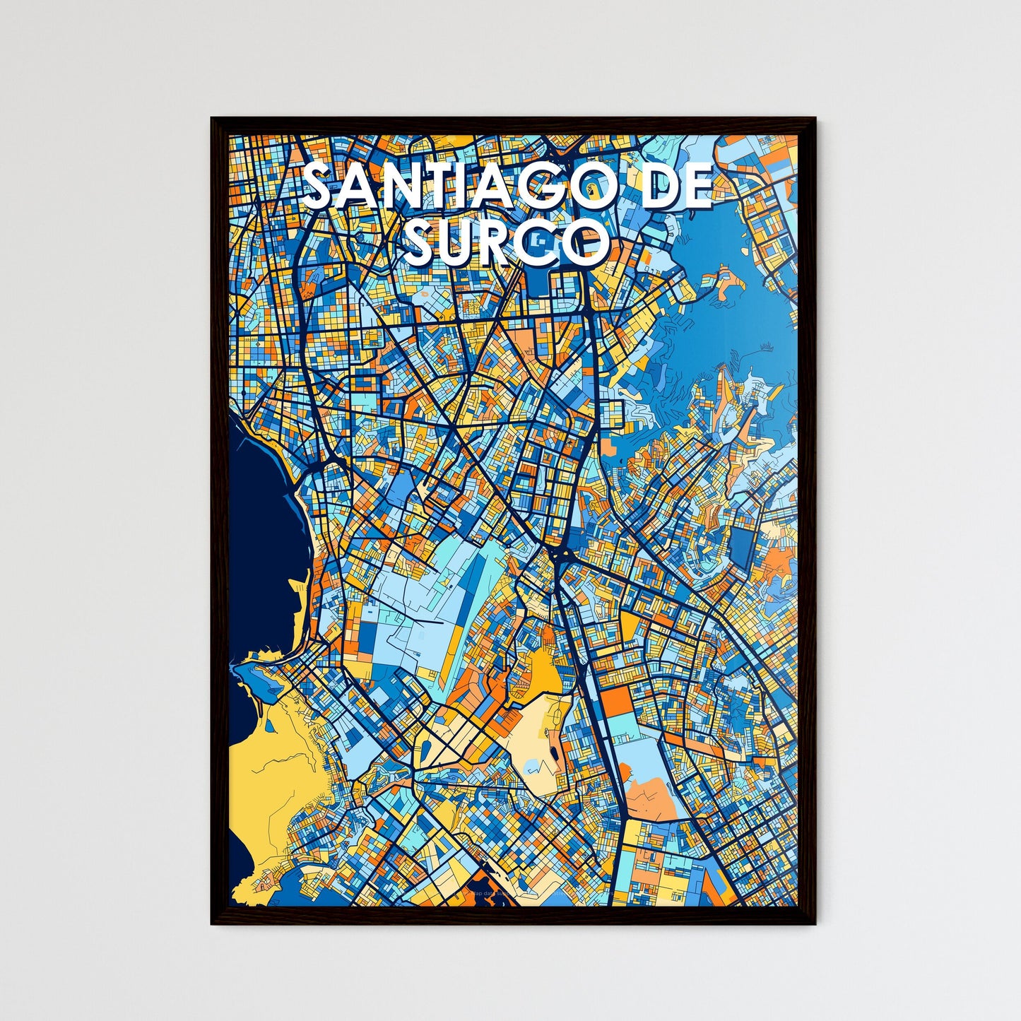 SANTIAGO DE SURCO PERU Vibrant Colorful Art Map Poster Blue Orange