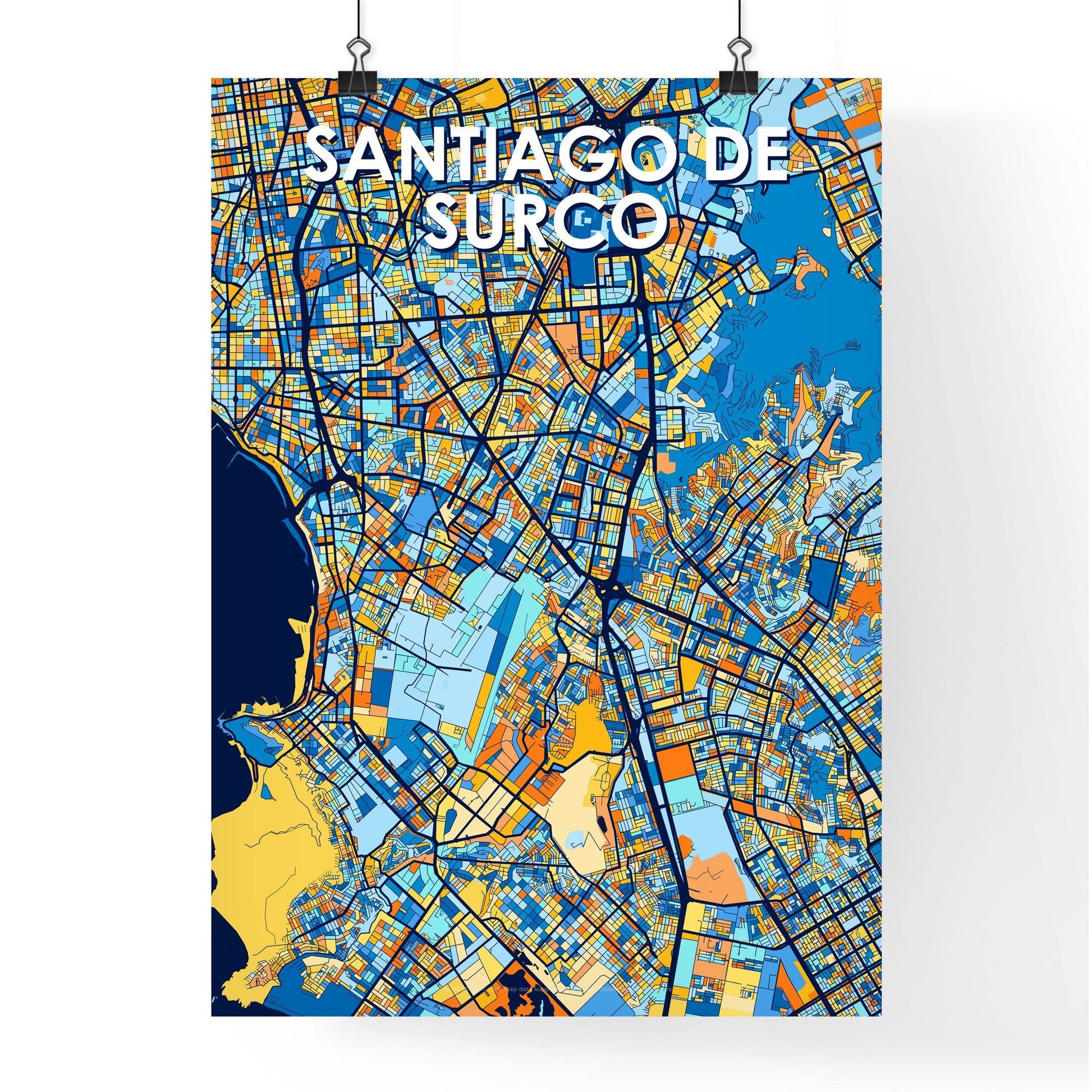 SANTIAGO DE SURCO PERU Vibrant Colorful Art Map Poster Blue Orange