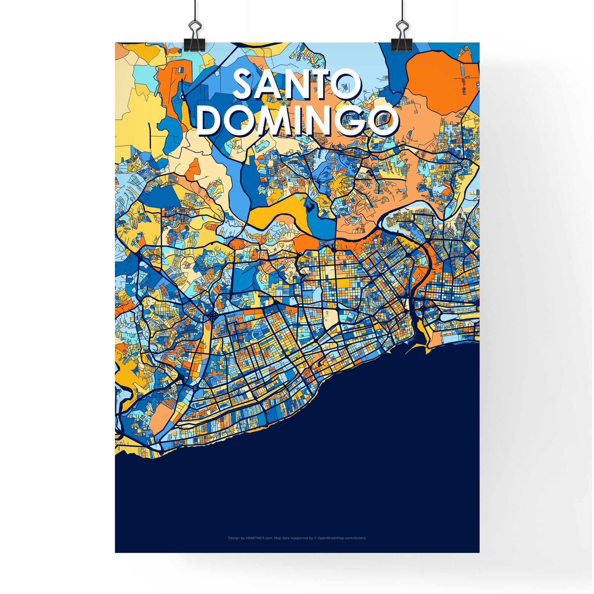 SANTO DOMINGO DOMINICAN REPUBLIC Vibrant Colorful Art Map Poster Blue Orange