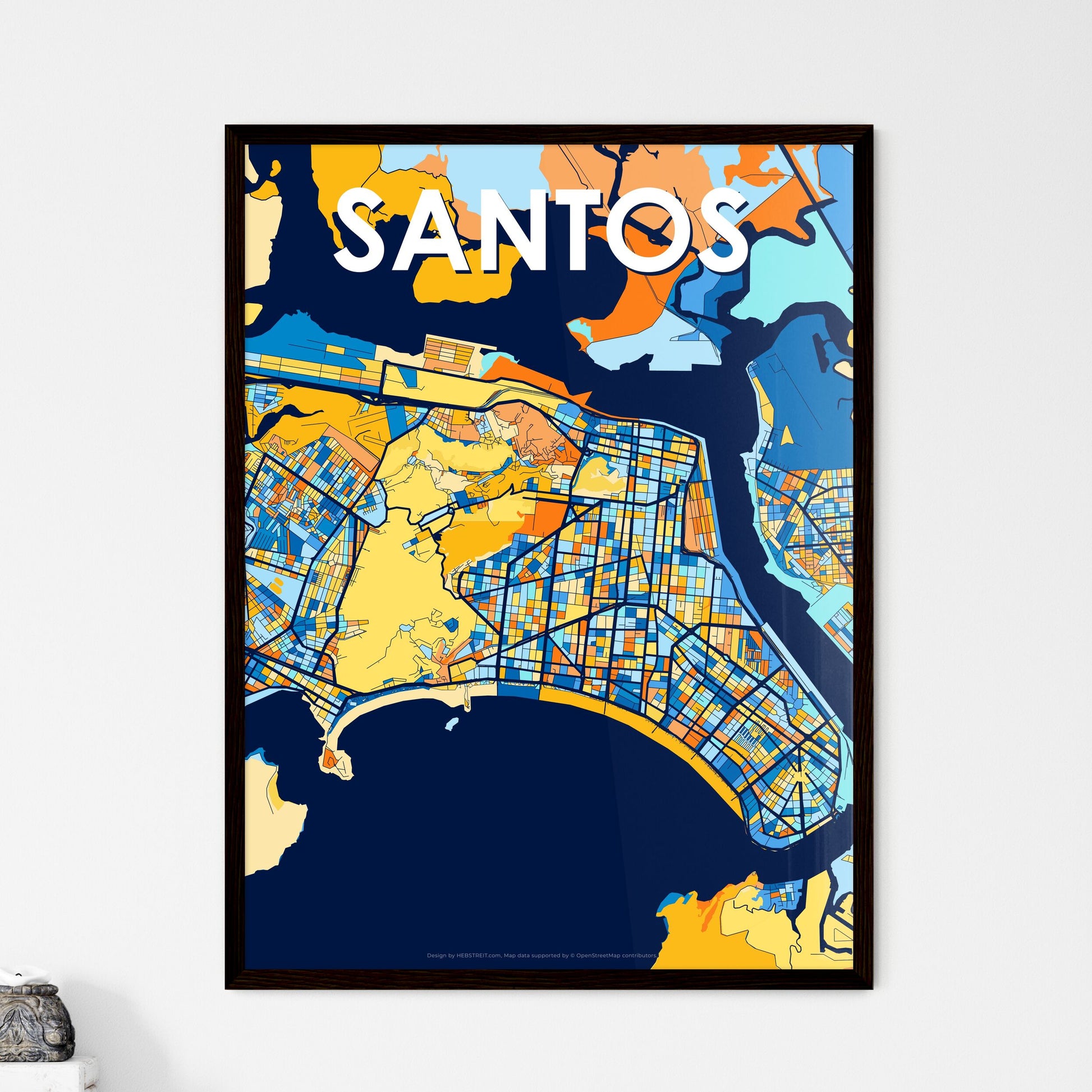 SANTOS BRAZIL Vibrant Colorful Art Map Poster Blue Orange