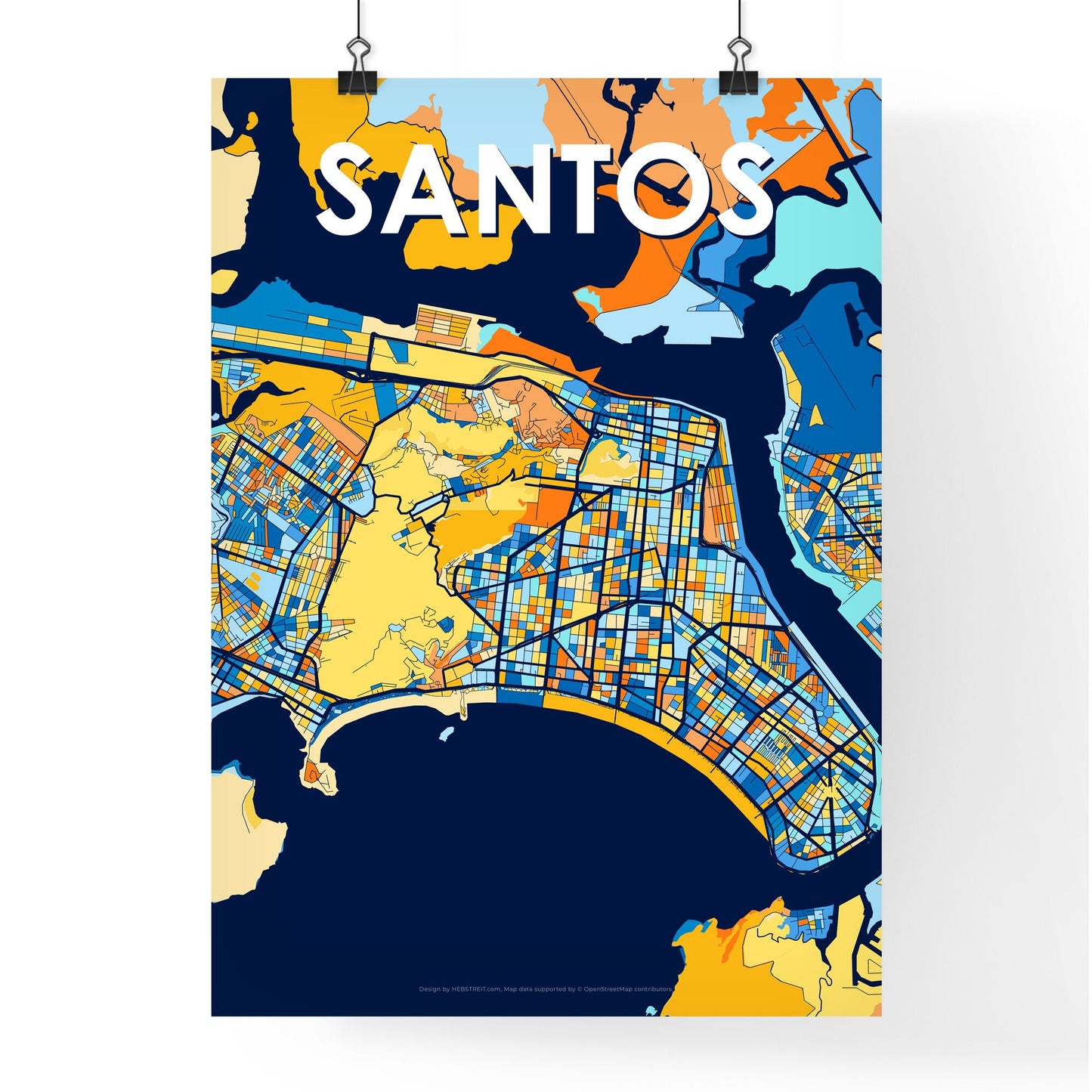 SANTOS BRAZIL Vibrant Colorful Art Map Poster Blue Orange