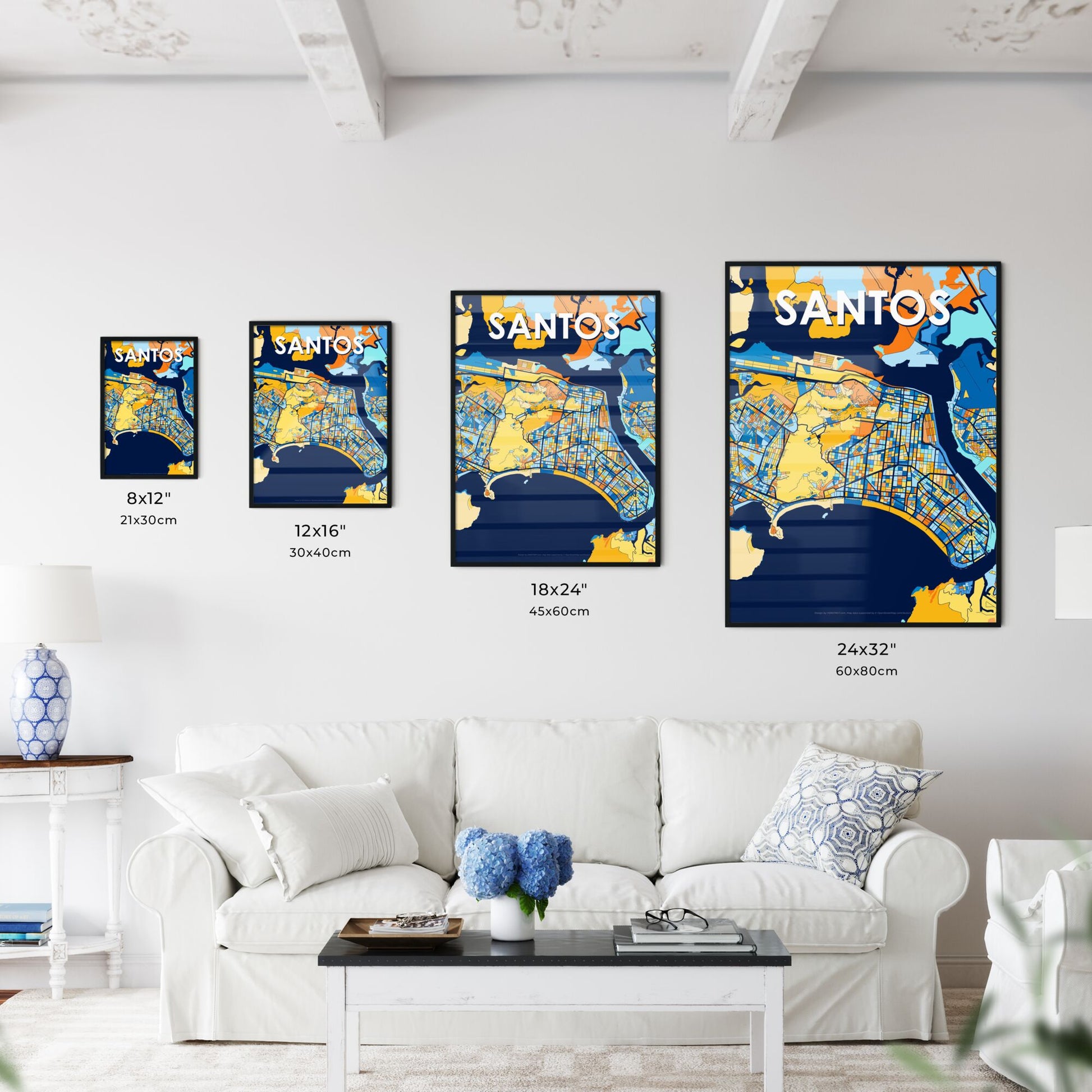 SANTOS BRAZIL Vibrant Colorful Art Map Poster Blue Orange