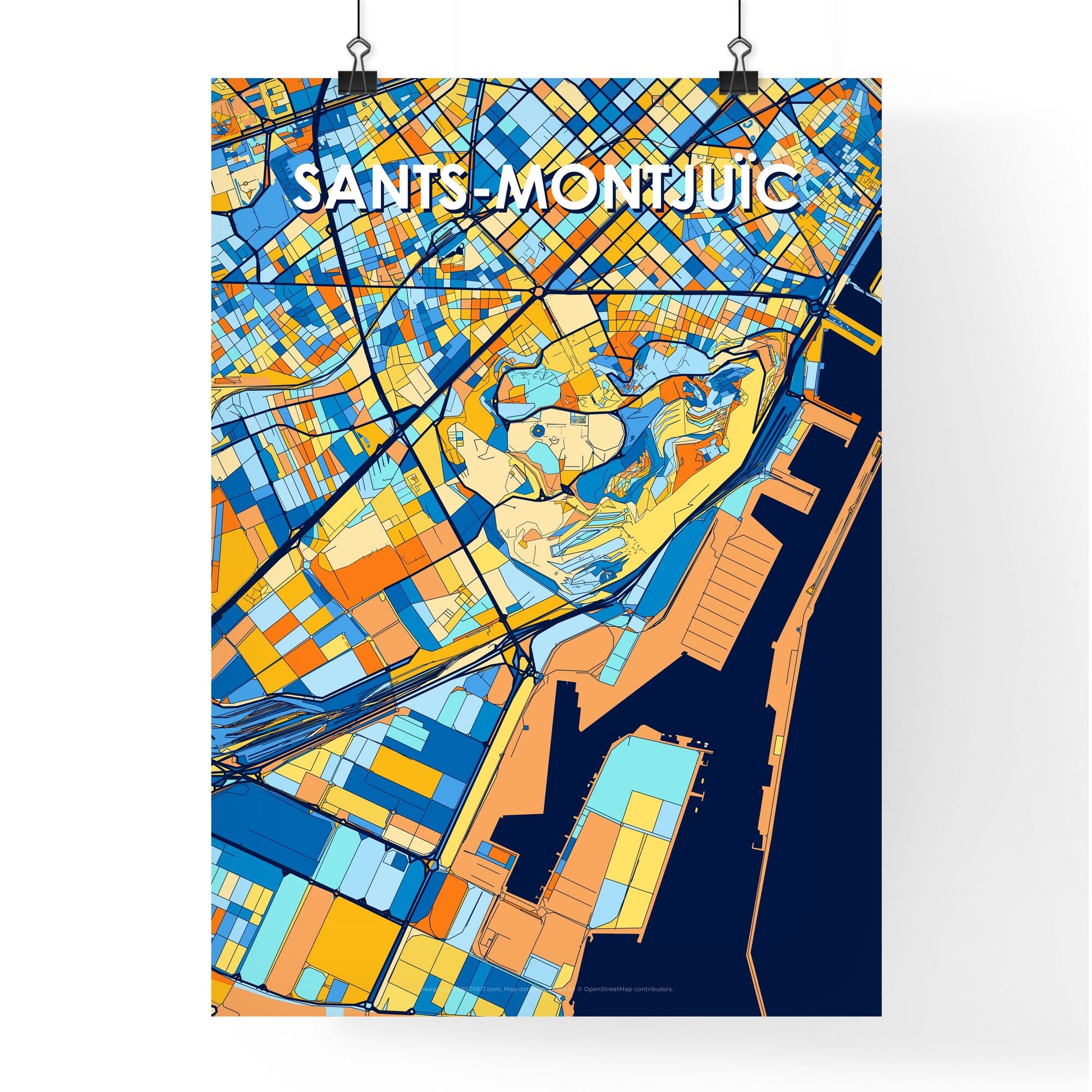 SANTS-MONTJUÏC SPAIN Vibrant Colorful Art Map Poster Blue Orange