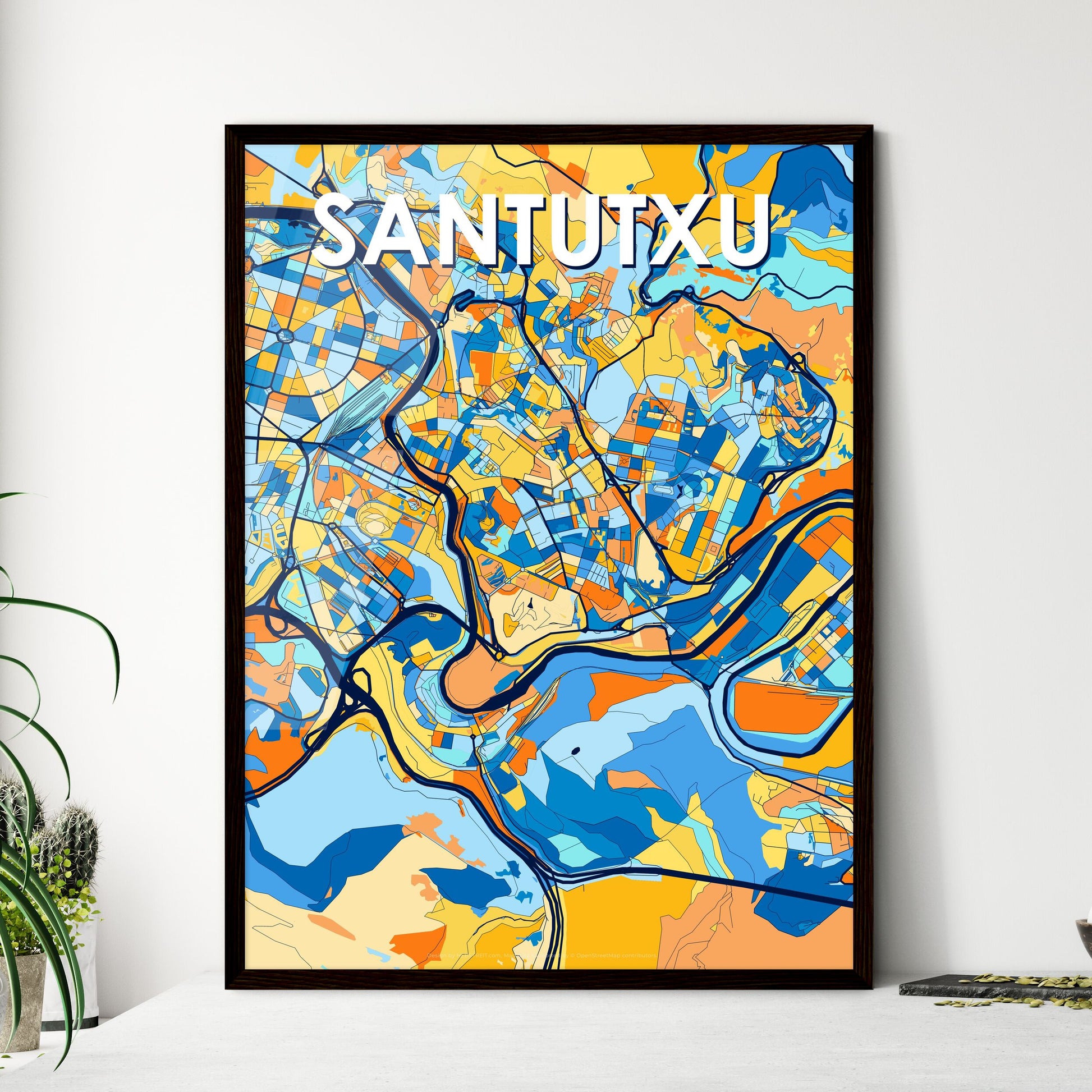 SANTUTXU SPAIN Vibrant Colorful Art Map Poster Blue Orange