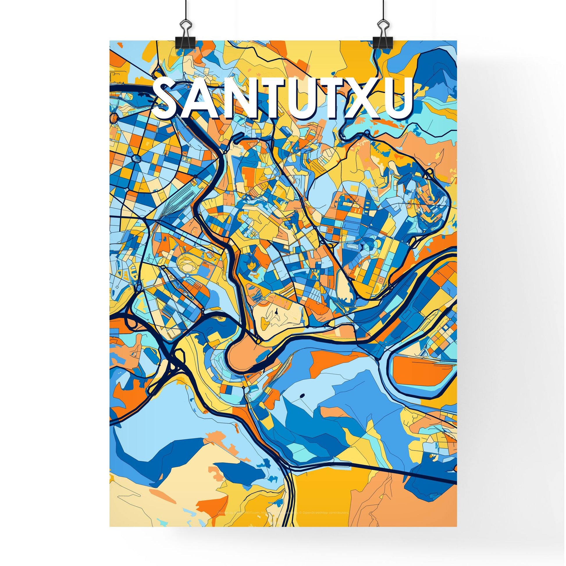 SANTUTXU SPAIN Vibrant Colorful Art Map Poster Blue Orange