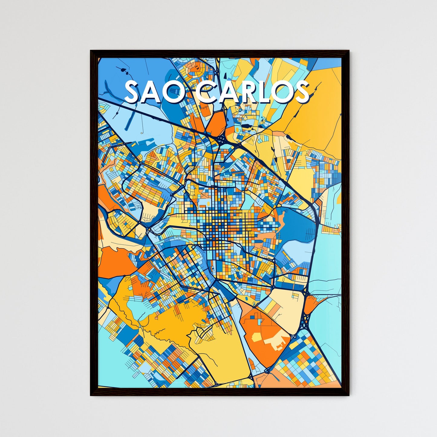 SAO CARLOS BRAZIL Vibrant Colorful Art Map Poster Blue Orange