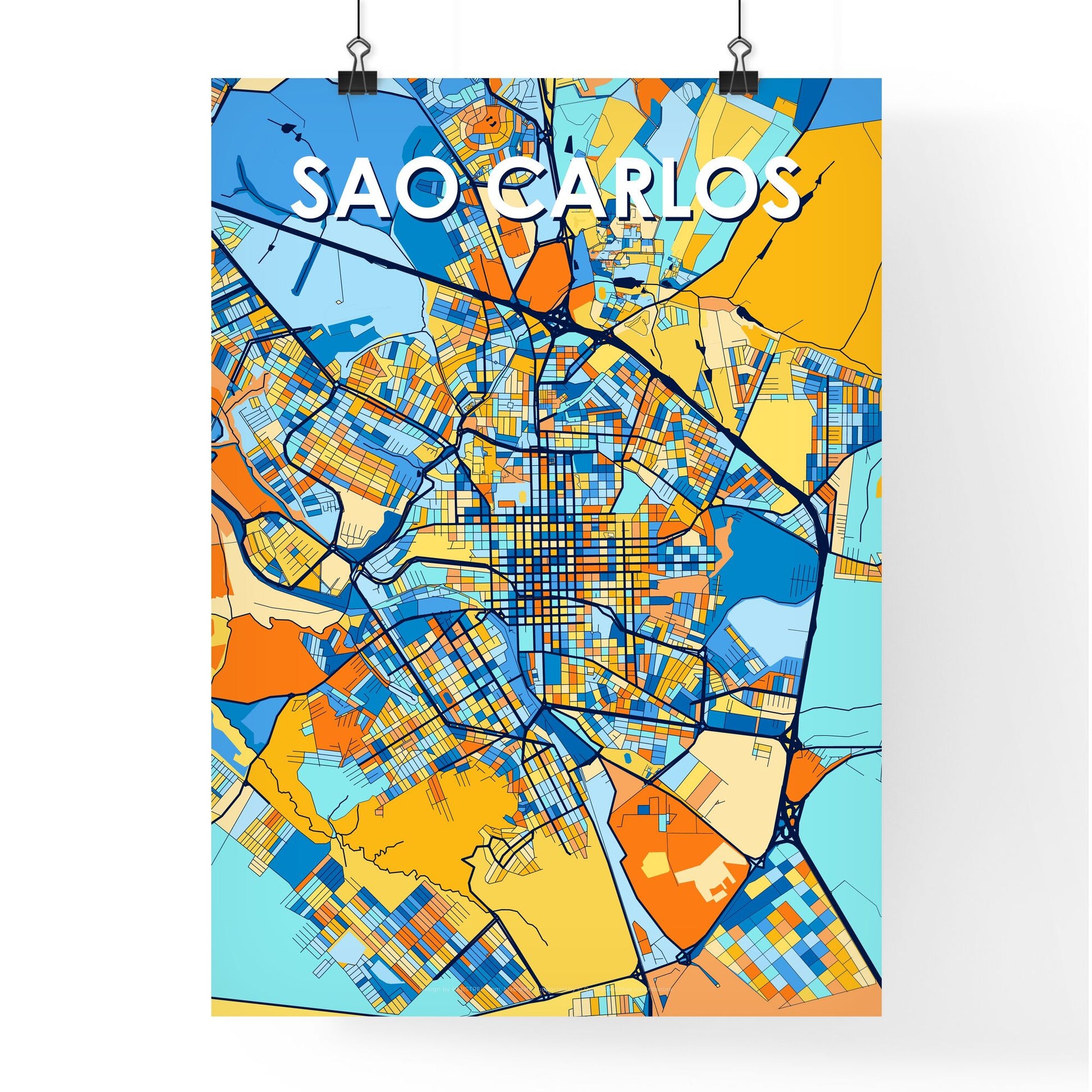 SAO CARLOS BRAZIL Vibrant Colorful Art Map Poster Blue Orange