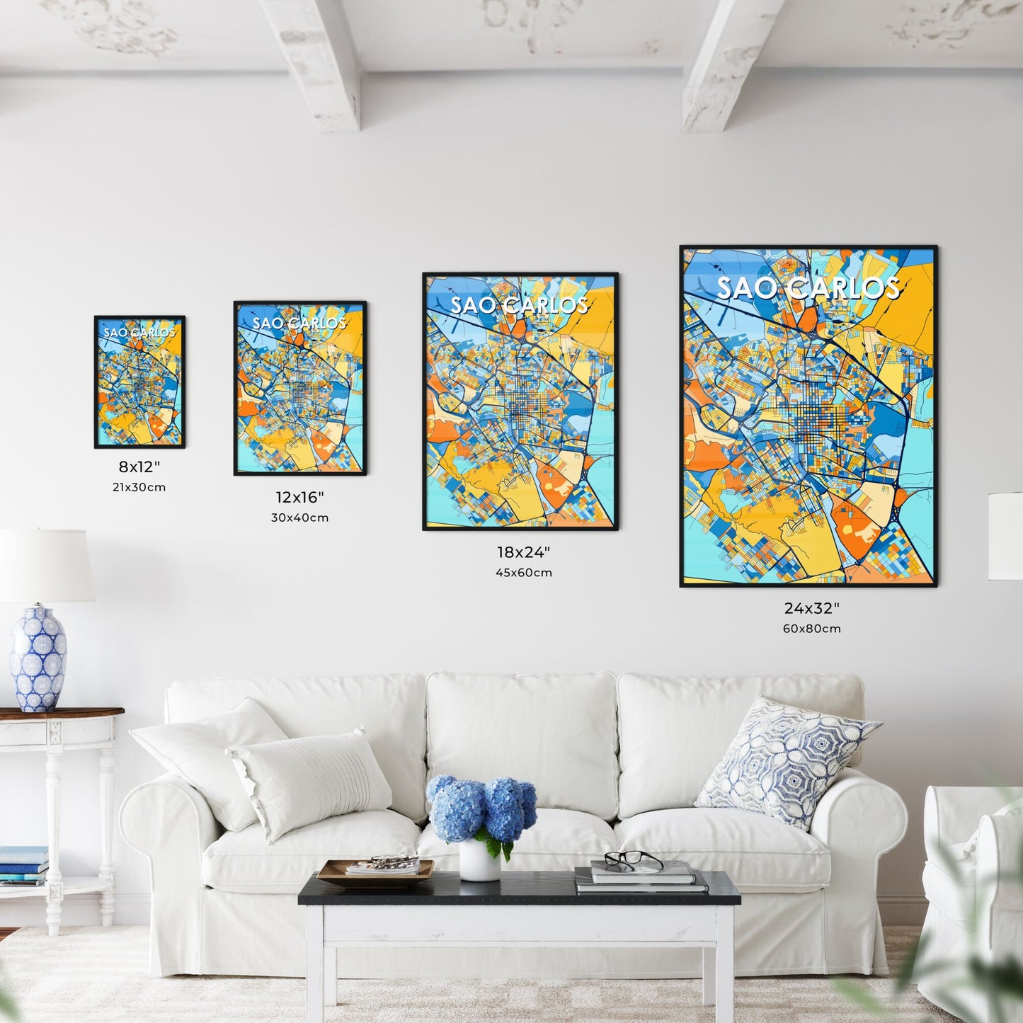 SAO CARLOS BRAZIL Vibrant Colorful Art Map Poster Blue Orange