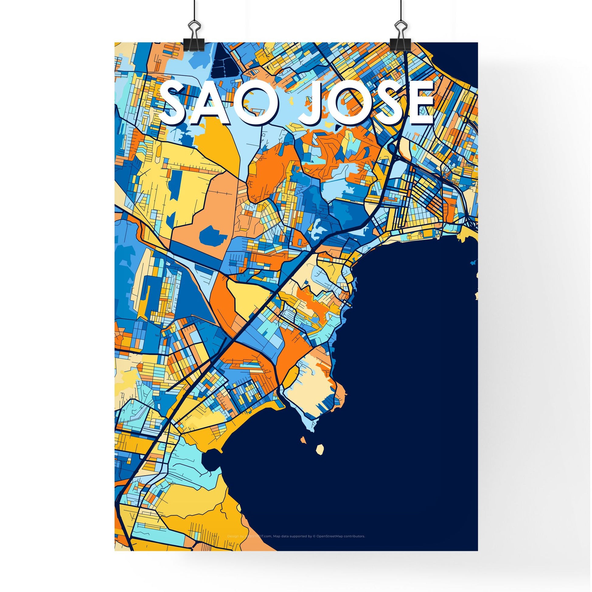 SAO JOSE BRAZIL Vibrant Colorful Art Map Poster Blue Orange