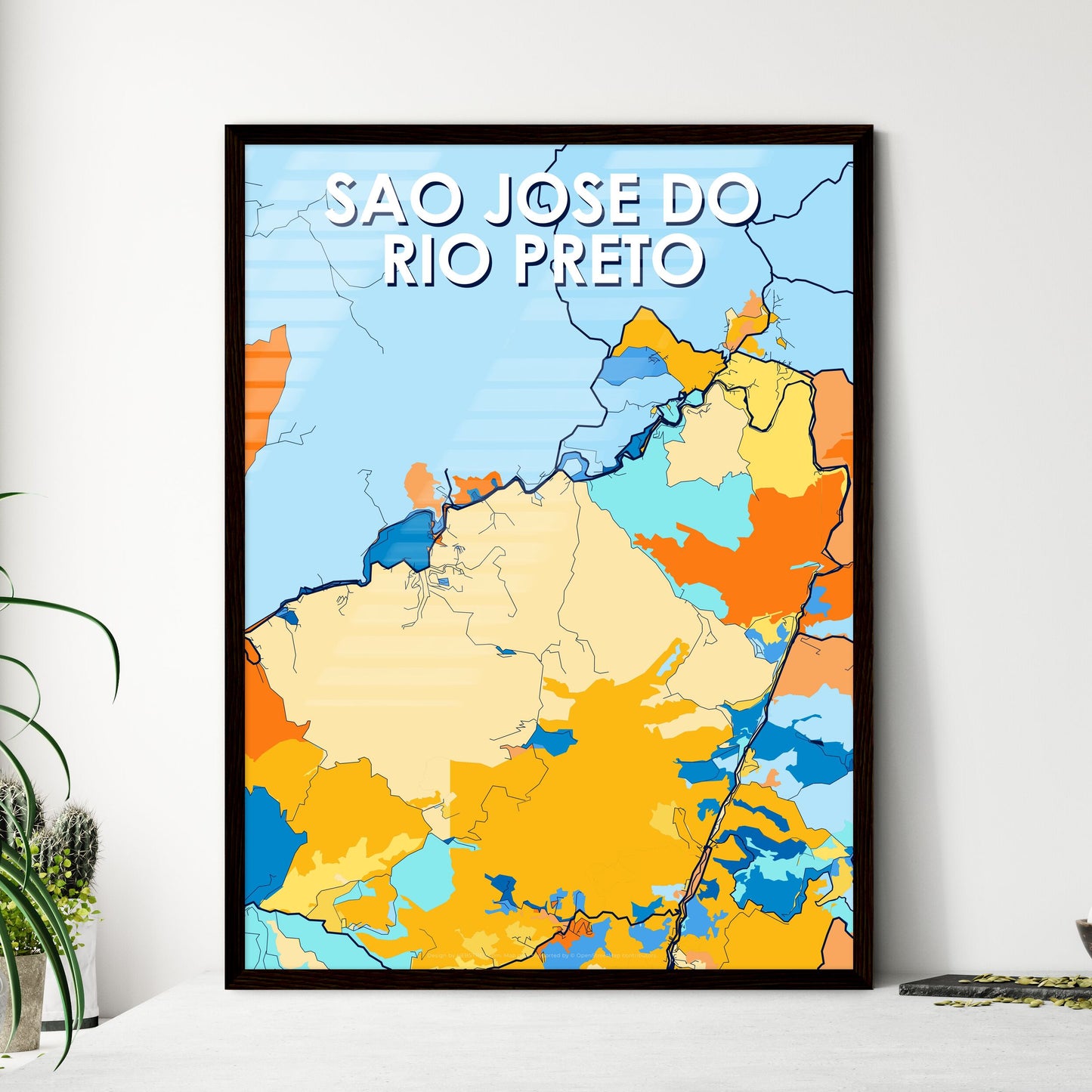 SAO JOSE DO RIO PRETO BRAZIL Vibrant Colorful Art Map Poster Blue Orange