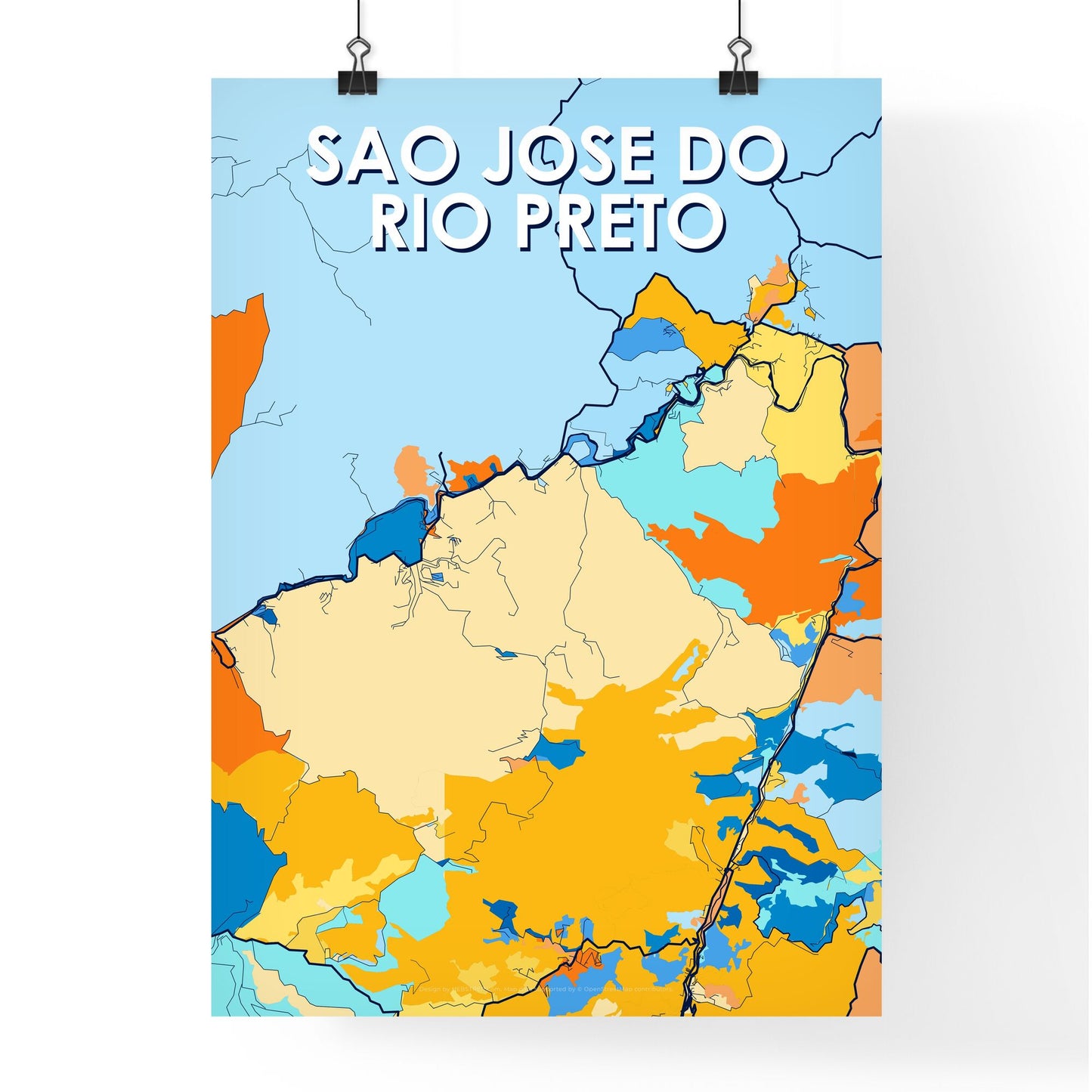 SAO JOSE DO RIO PRETO BRAZIL Vibrant Colorful Art Map Poster Blue Orange