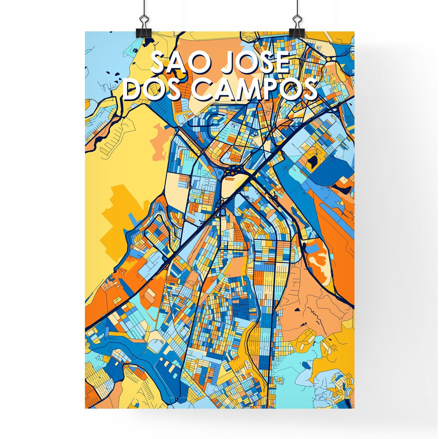 SAO JOSE DOS CAMPOS BRAZIL Vibrant Colorful Art Map Poster Blue Orange