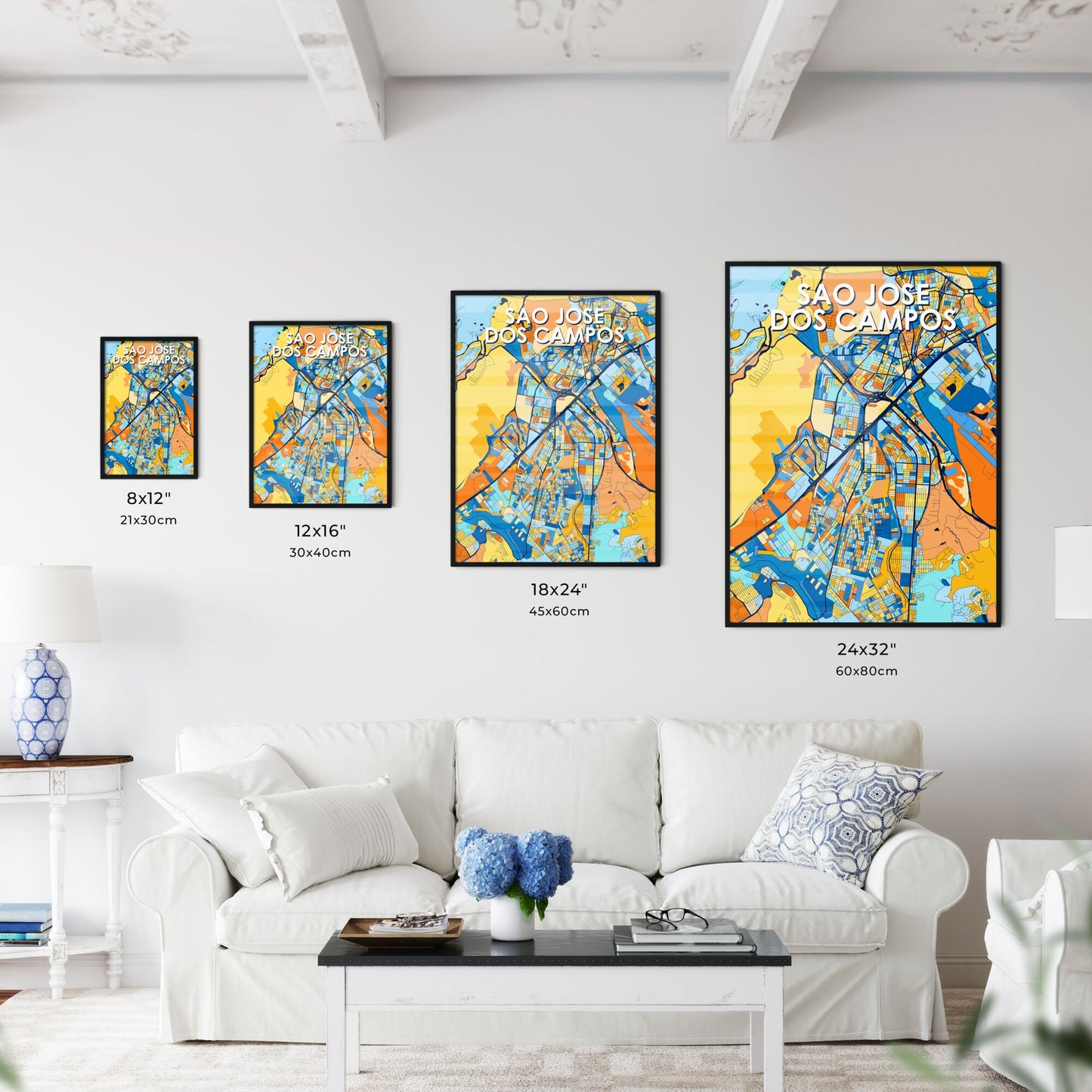 SAO JOSE DOS CAMPOS BRAZIL Vibrant Colorful Art Map Poster Blue Orange