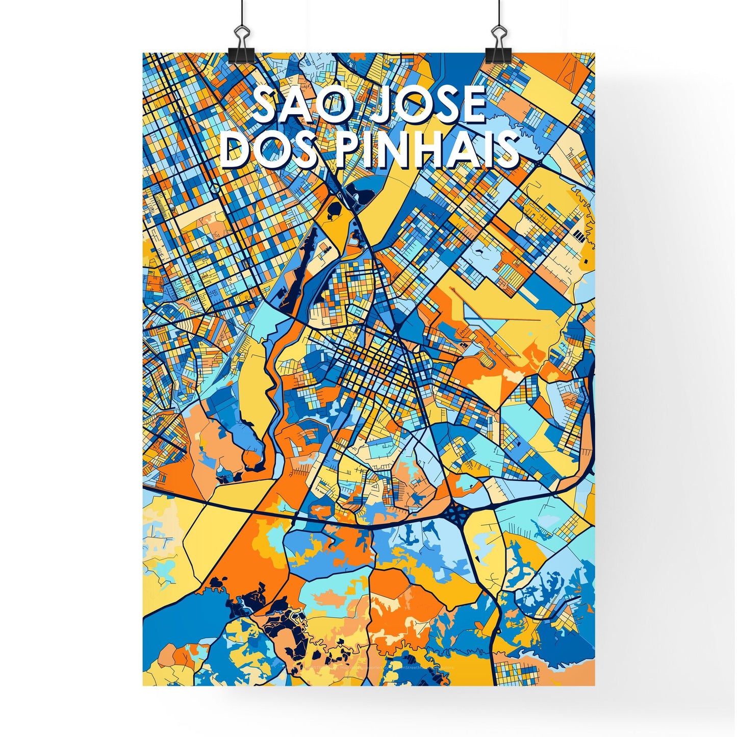 SAO JOSE DOS PINHAIS BRAZIL Vibrant Colorful Art Map Poster Blue Orange