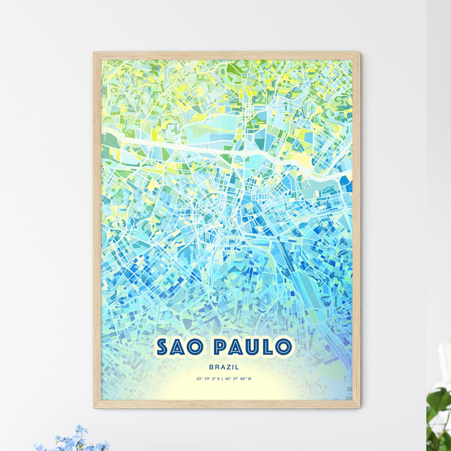 Colorful Sao Paulo Brazil Fine Art Map Cool Blue