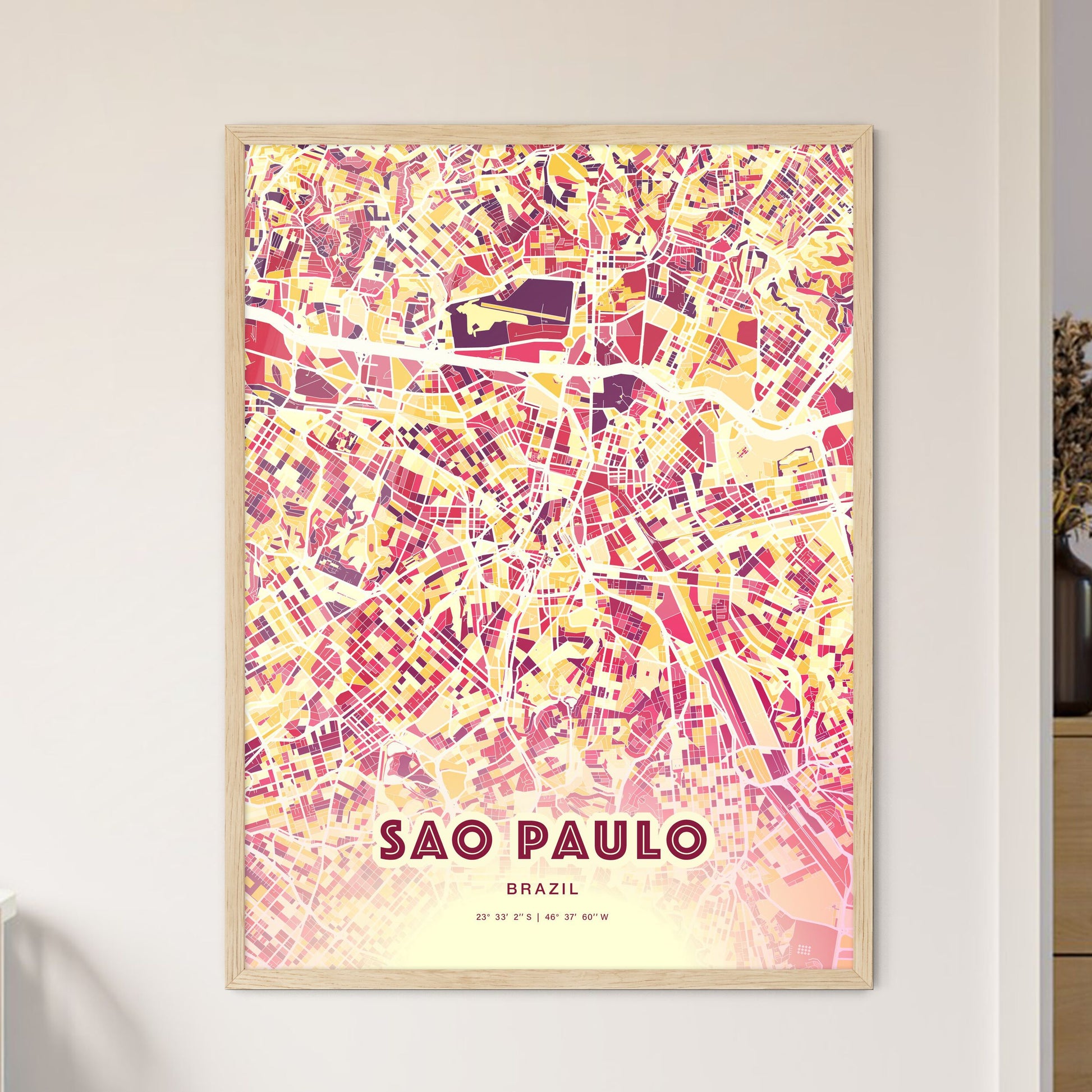 Colorful Sao Paulo Brazil Fine Art Map Hot Red