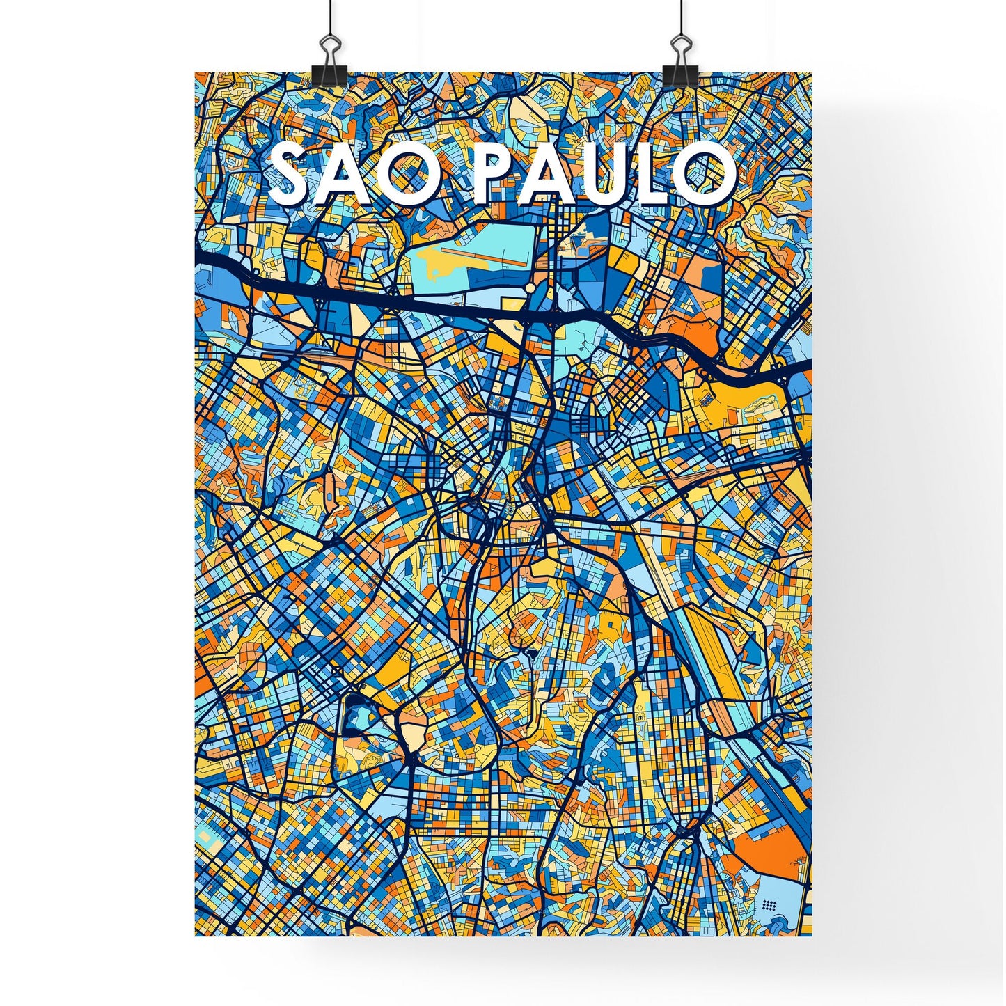 SAO PAULO BRAZIL Vibrant Colorful Art Map Poster Blue Orange