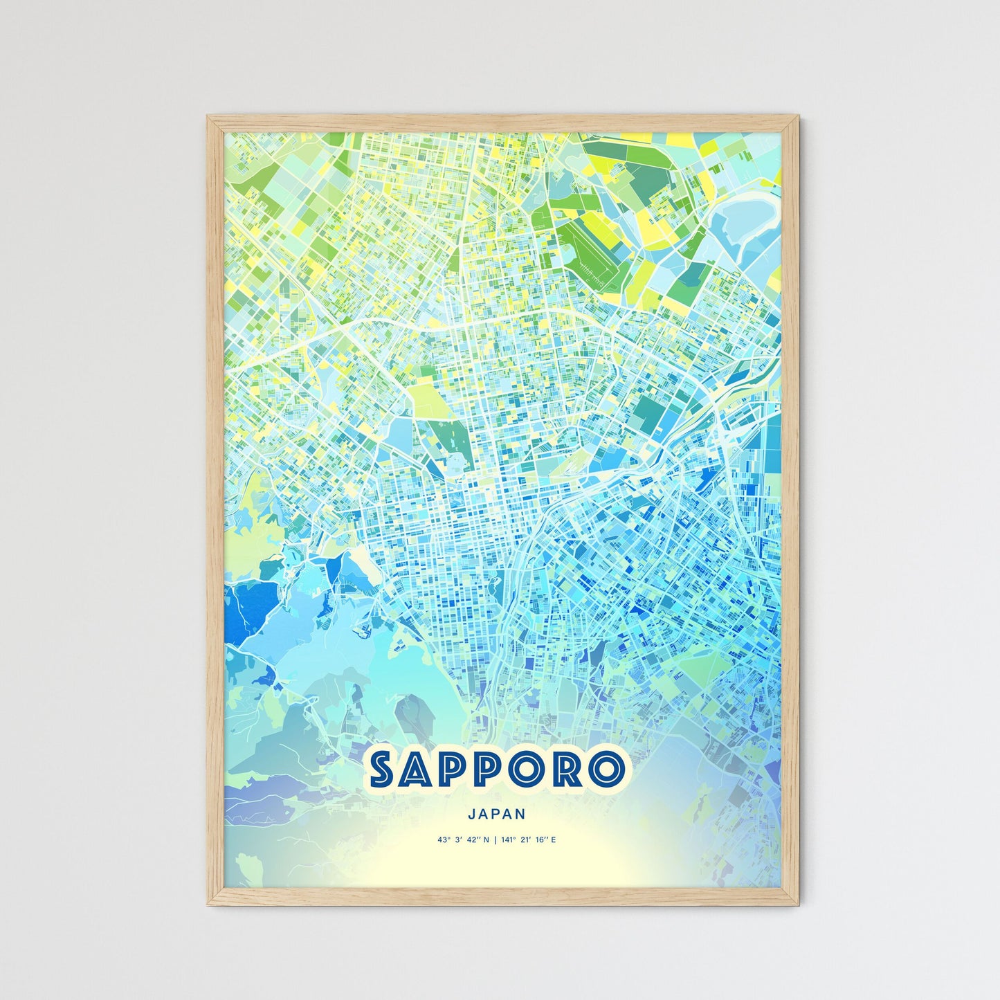Colorful Sapporo Japan Fine Art Map Cool Blue