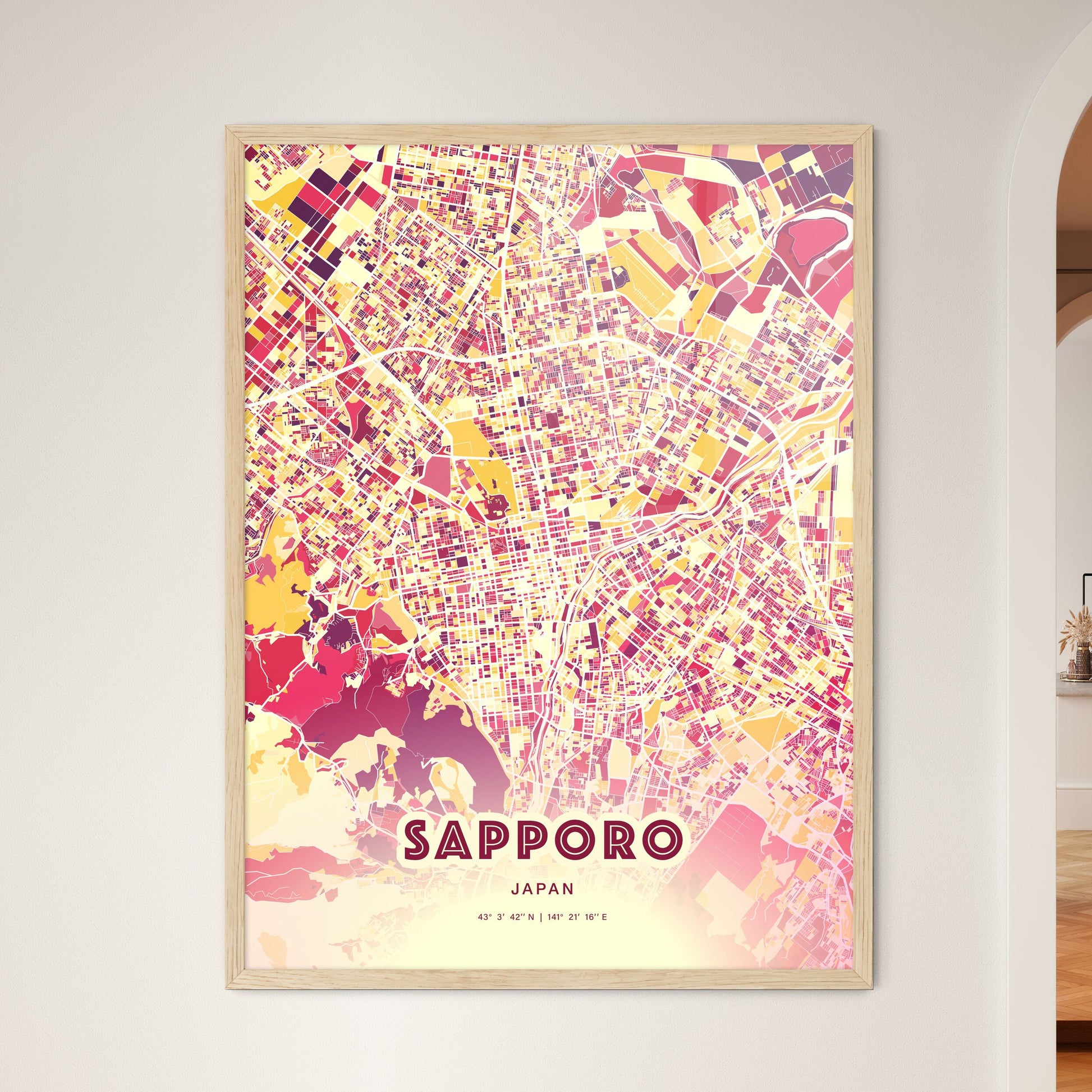 Colorful Sapporo Japan Fine Art Map Hot Red