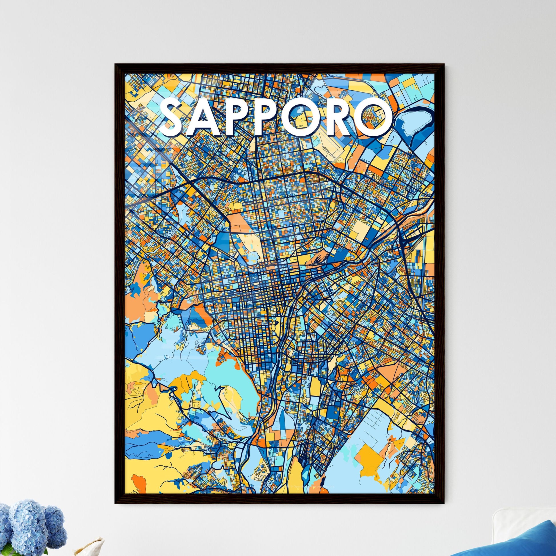 SAPPORO JAPAN Vibrant Colorful Art Map Poster Blue Orange