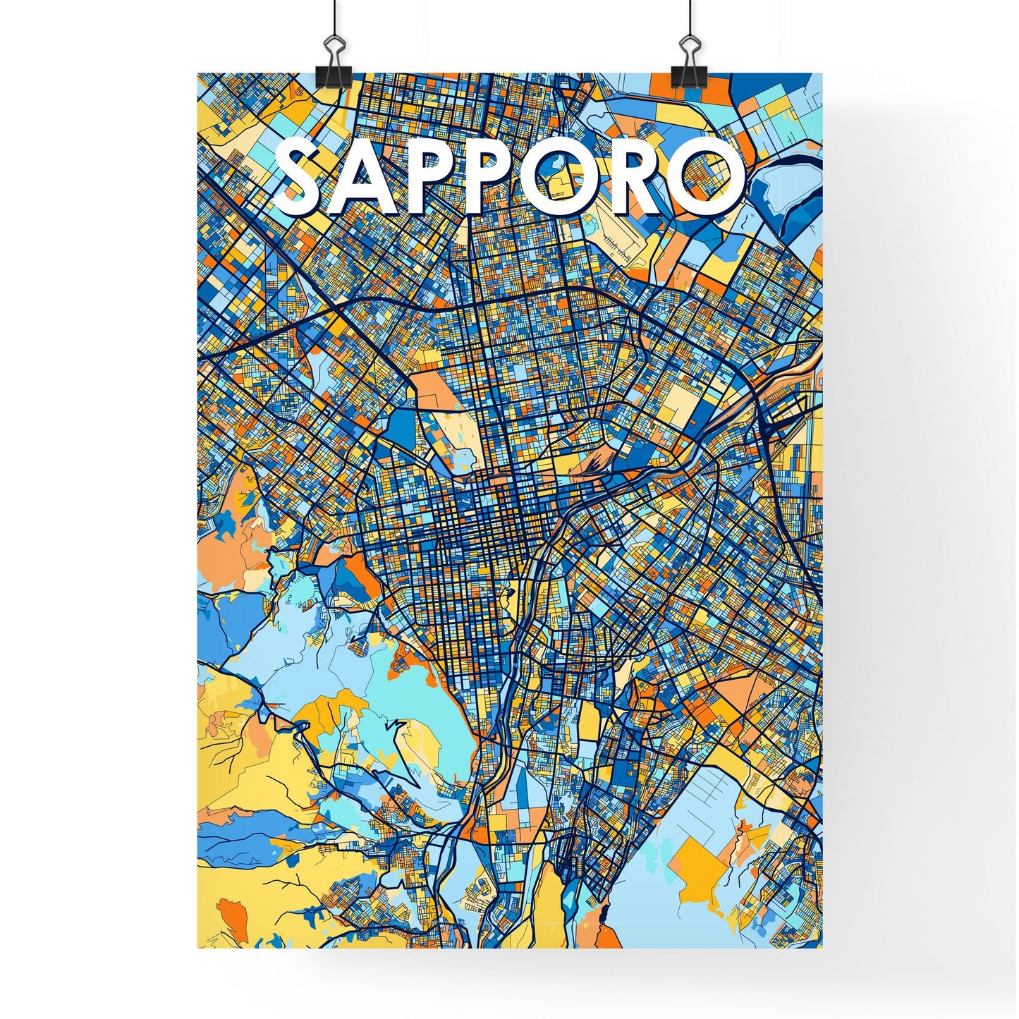 SAPPORO JAPAN Vibrant Colorful Art Map Poster Blue Orange