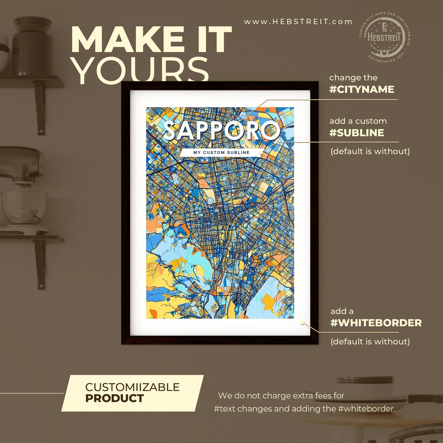 SAPPORO JAPAN Vibrant Colorful Art Map Poster Blue Orange