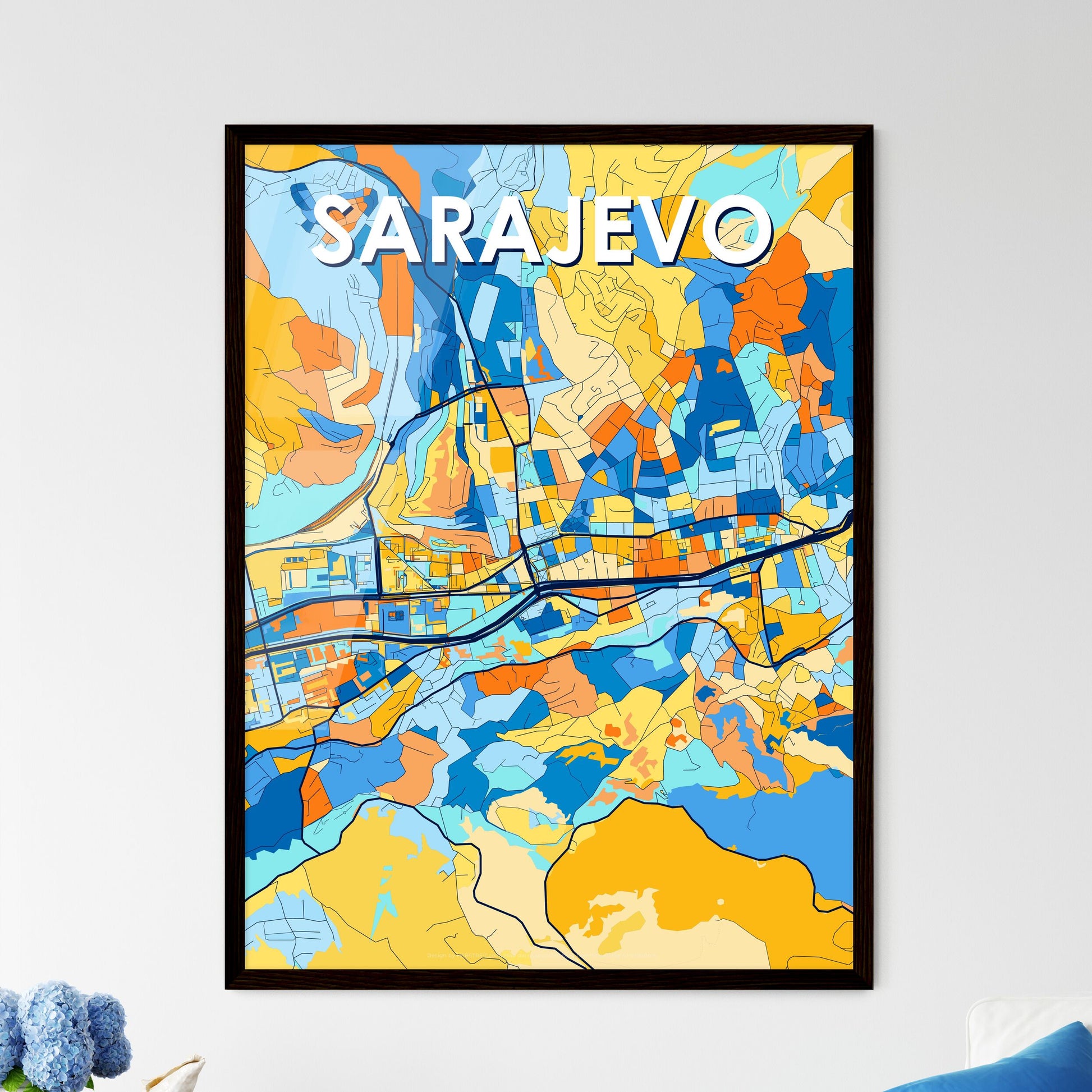 SARAJEVO BOSNIA AND HERZEGOVINA Vibrant Colorful Art Map Poster Blue Orange