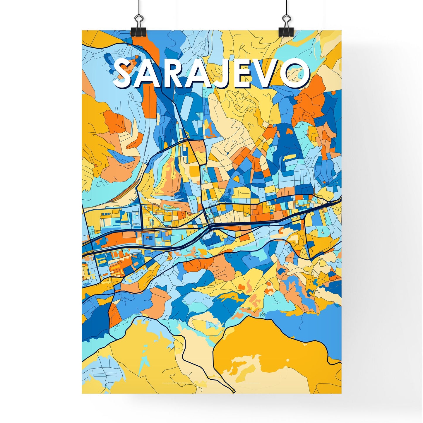 SARAJEVO BOSNIA AND HERZEGOVINA Vibrant Colorful Art Map Poster Blue Orange