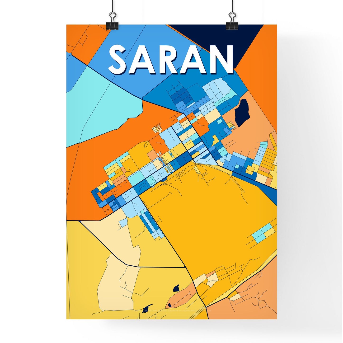 SARAN KAZAKHSTAN Vibrant Colorful Art Map Poster Blue Orange