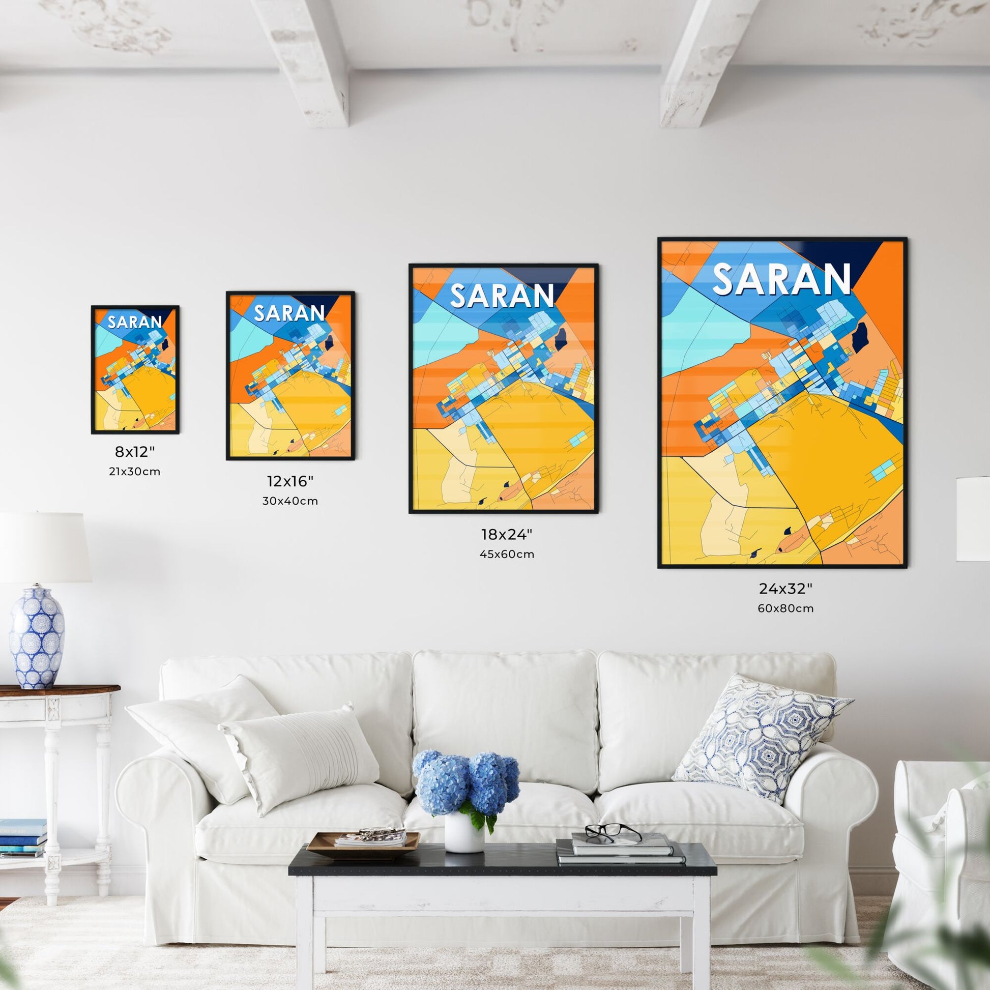 SARAN KAZAKHSTAN Vibrant Colorful Art Map Poster Blue Orange