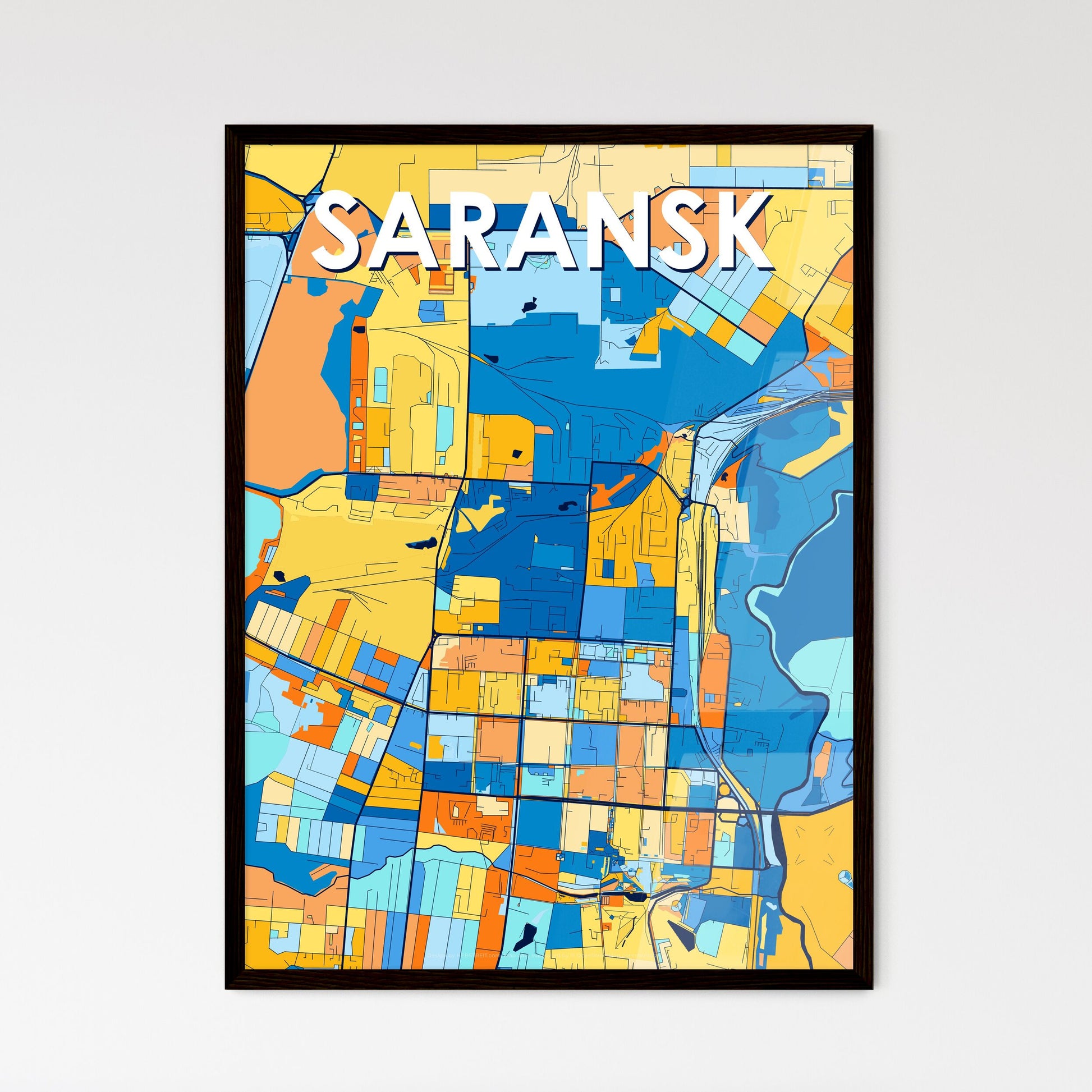 SARANSK RUSSIA Vibrant Colorful Art Map Poster Blue Orange