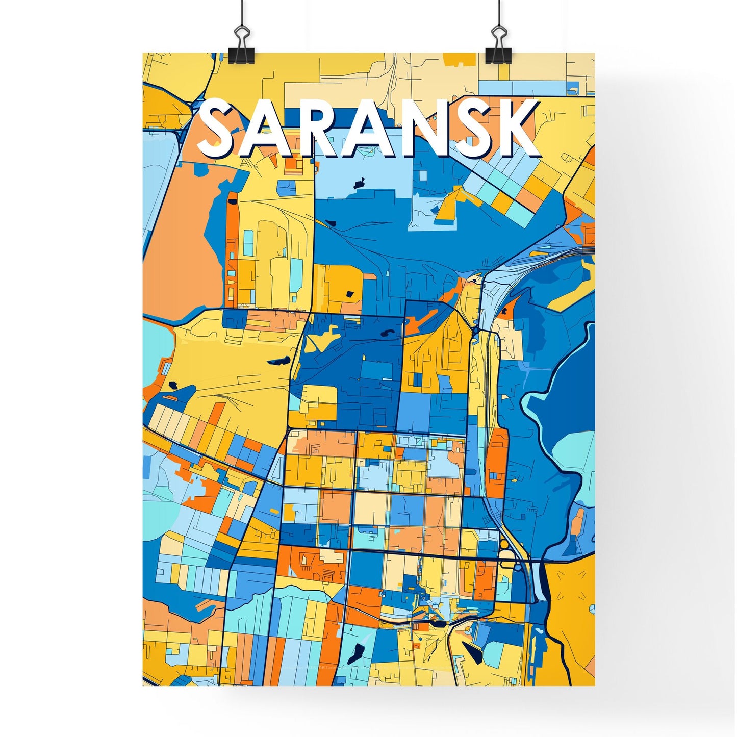 SARANSK RUSSIA Vibrant Colorful Art Map Poster Blue Orange