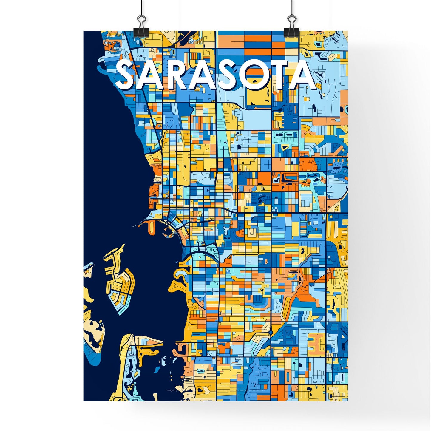 SARASOTA FLORIDA Vibrant Colorful Art Map Poster Blue Orange