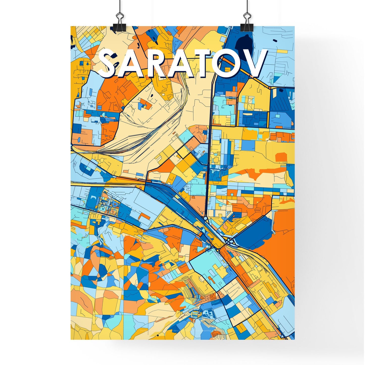 SARATOV RUSSIA Vibrant Colorful Art Map Poster Blue Orange